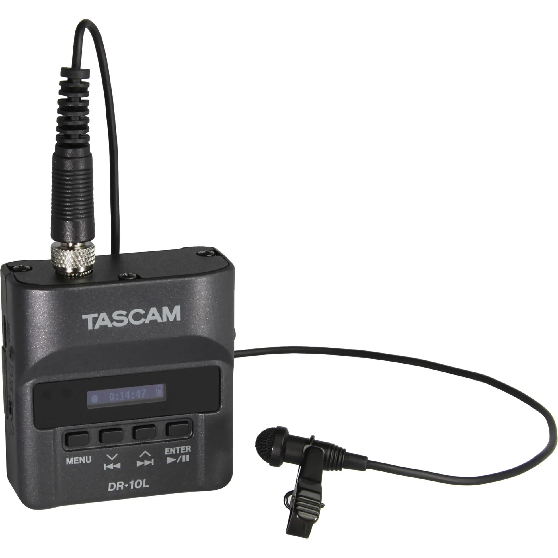A portable Tascam DR-10L audio recorder with a microphone and clip attached, displayed against a white background.