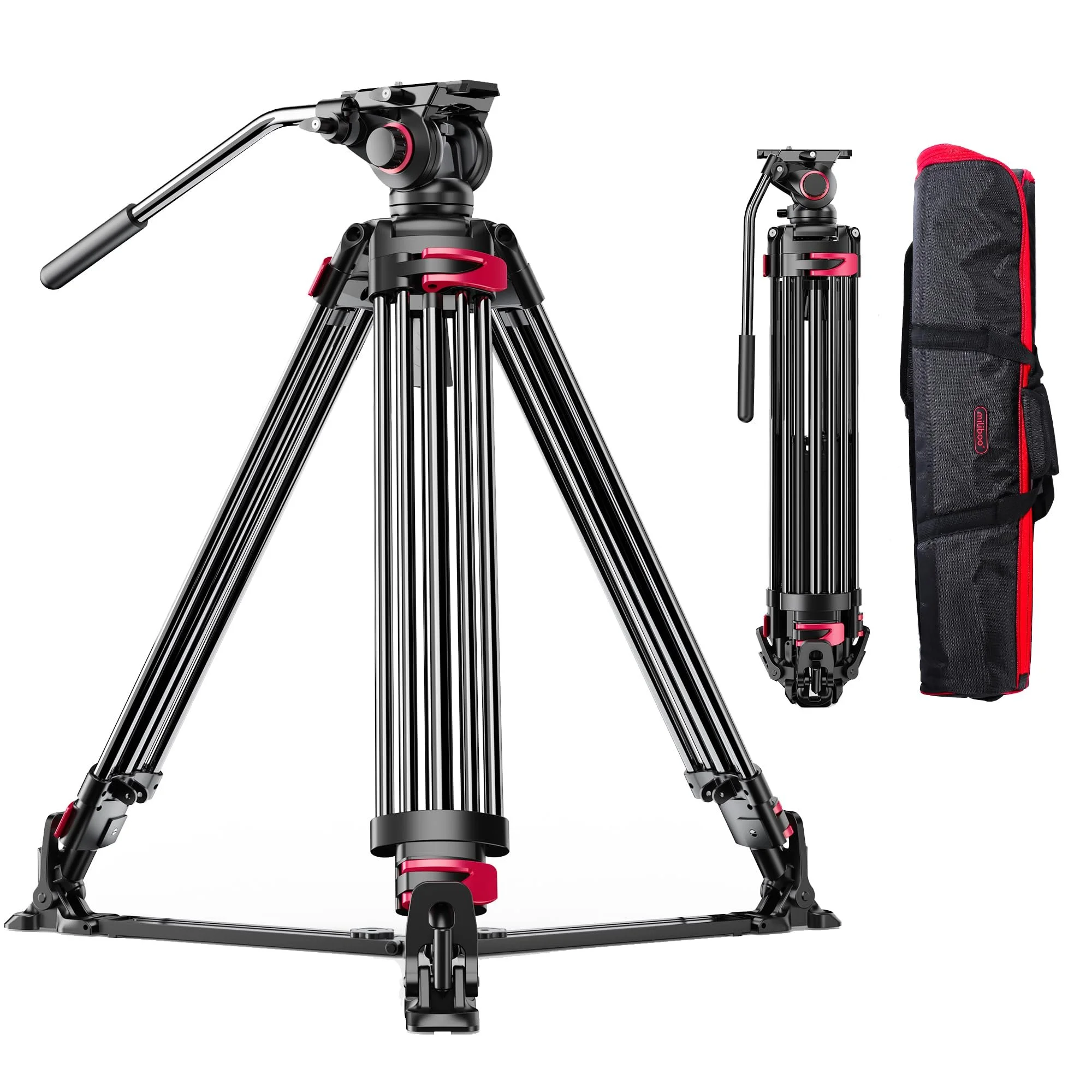 Professional camera stabilizer gimbal with tripod, handle, and carrying case on a white background.