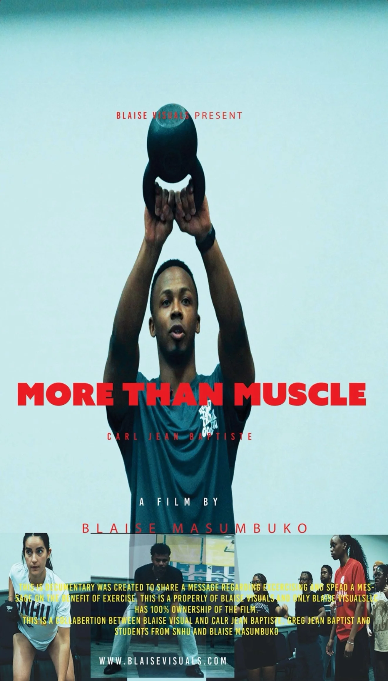 Poster for the documentary film "More Than Muscle" by Blaise Masumbuko, featuring a person holding a kettlebell above his head, with several people in the background participating in a fitness or training session.