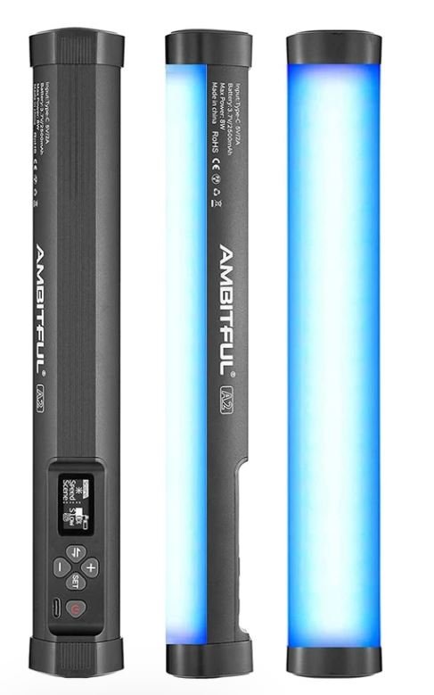 A handheld portable UV-C sterilizer with three panels, illustrating its functions and design.