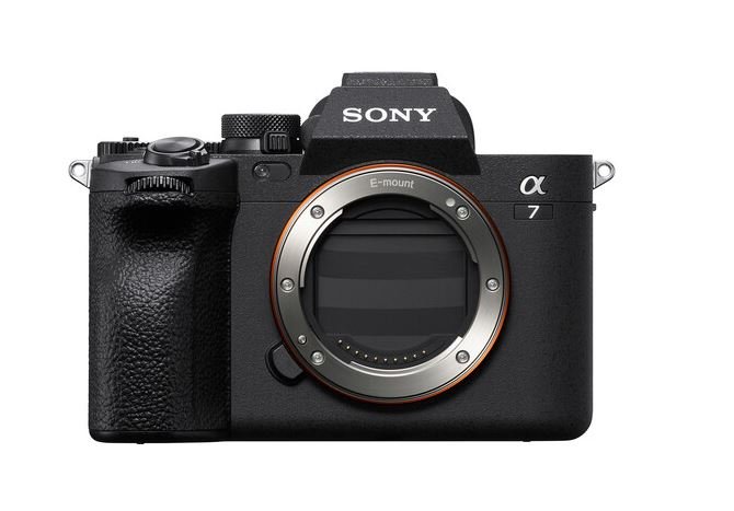 Black Sony mirrorless camera with a textured grip and a large lens mount, labeled 'α7' on the front.