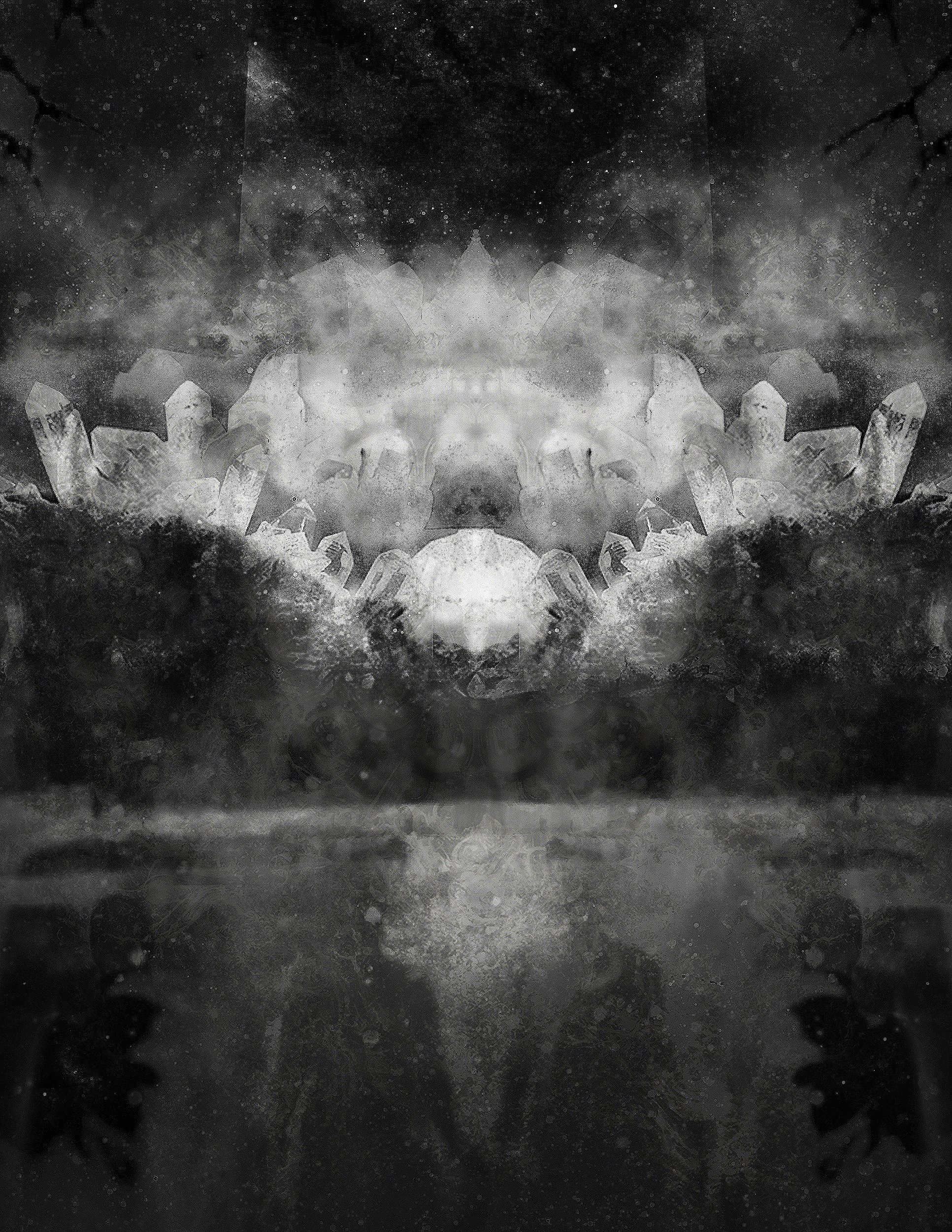 Abstract black and white digital artwork featuring symmetrical crystalline shapes and smoky textures