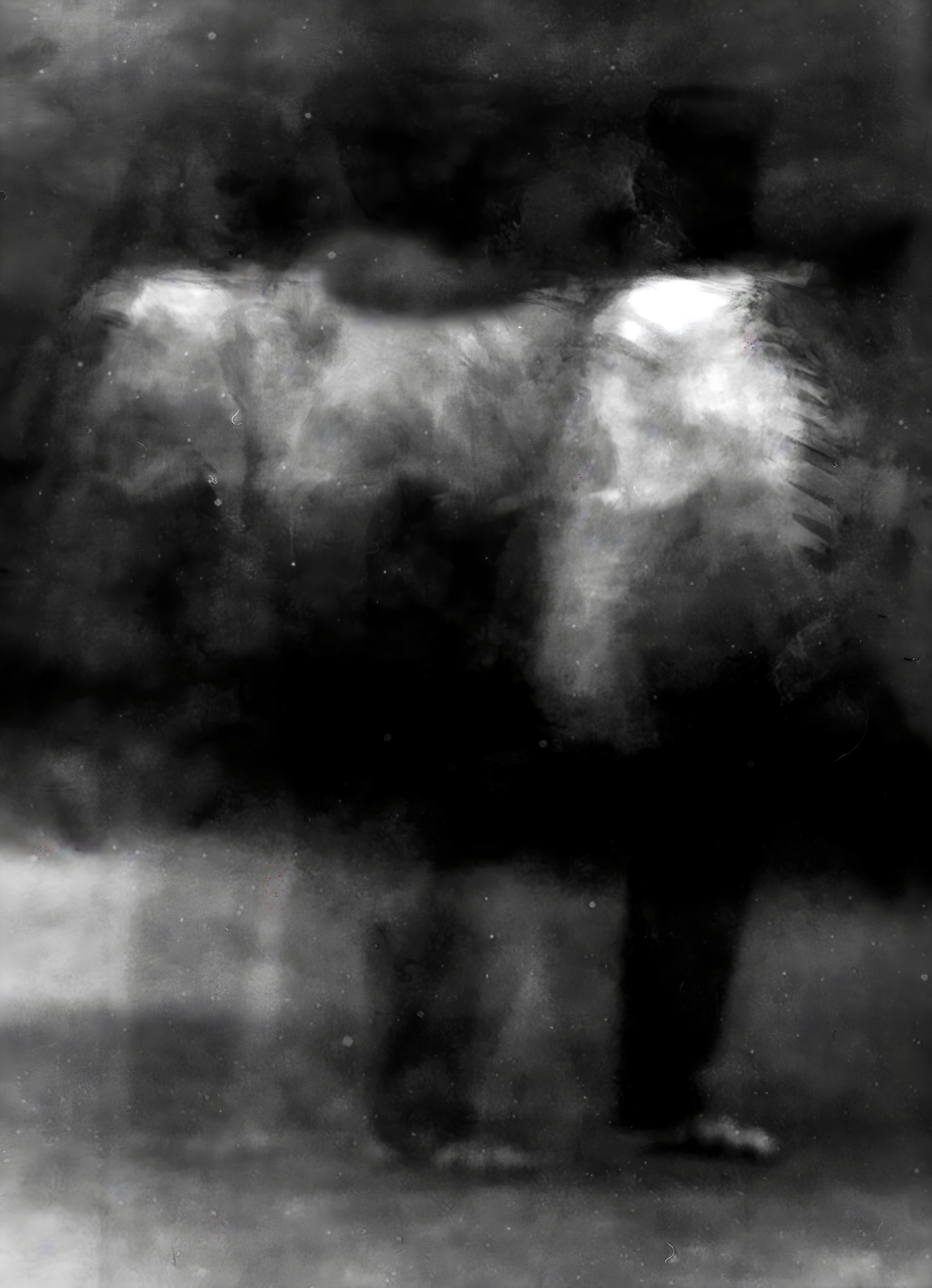 Abstract black and white image with blurred, ghost-like figures.