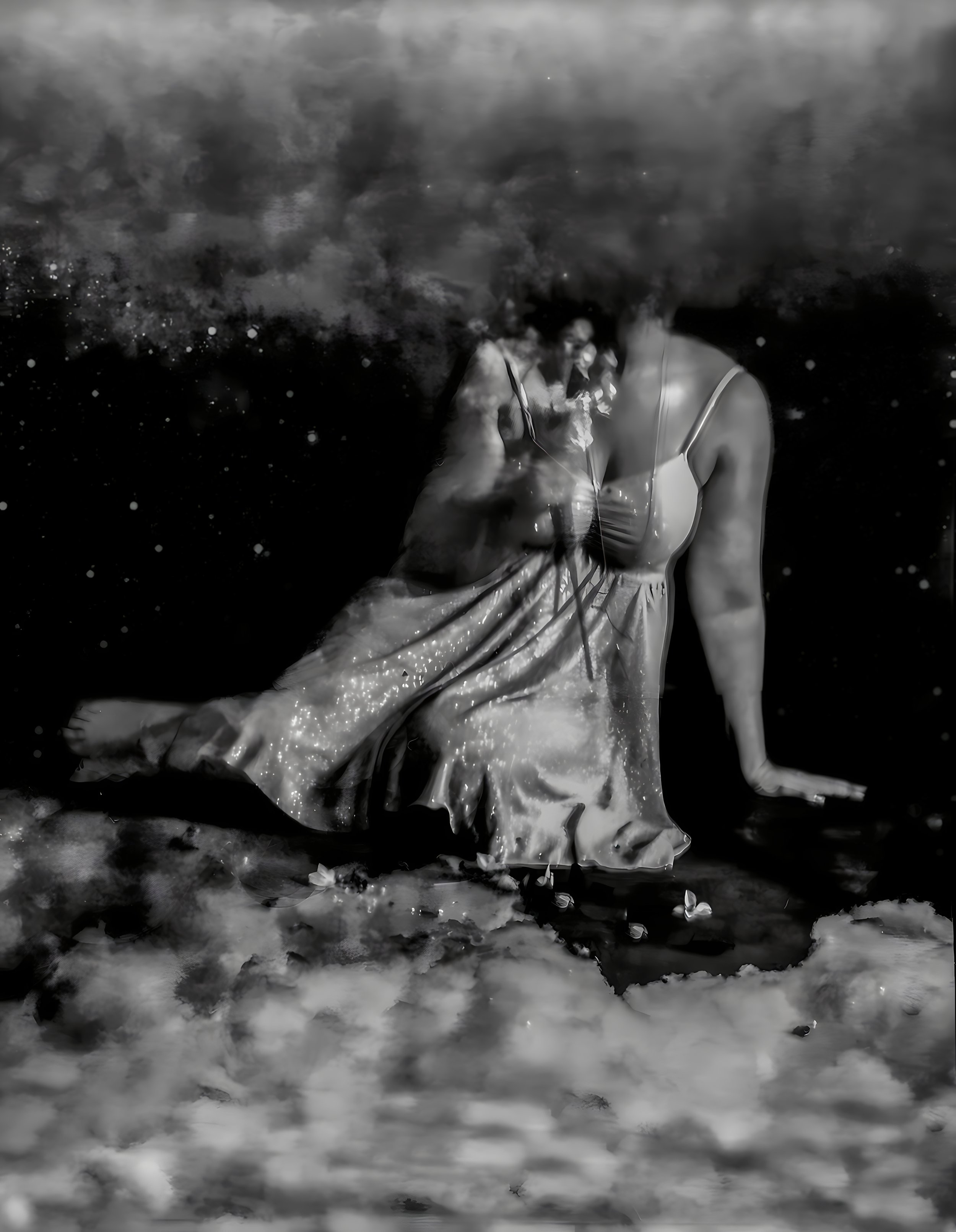 Abstract black and white artwork featuring a person in a dress, kneeling with a flower, surrounded by swirling textures and dots.