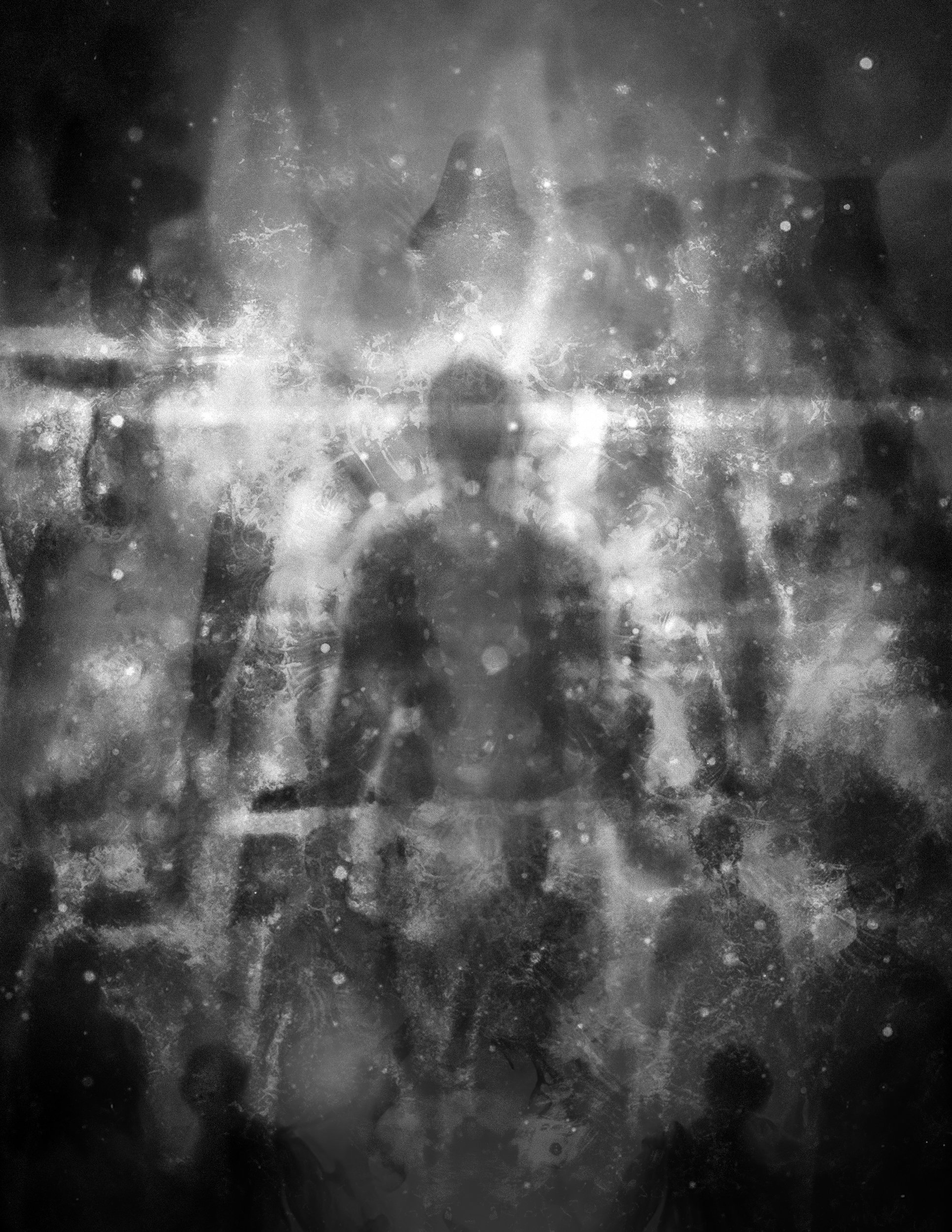 Abstract black and white image with indistinct human silhouettes and ethereal textures, creating a ghostly effect.