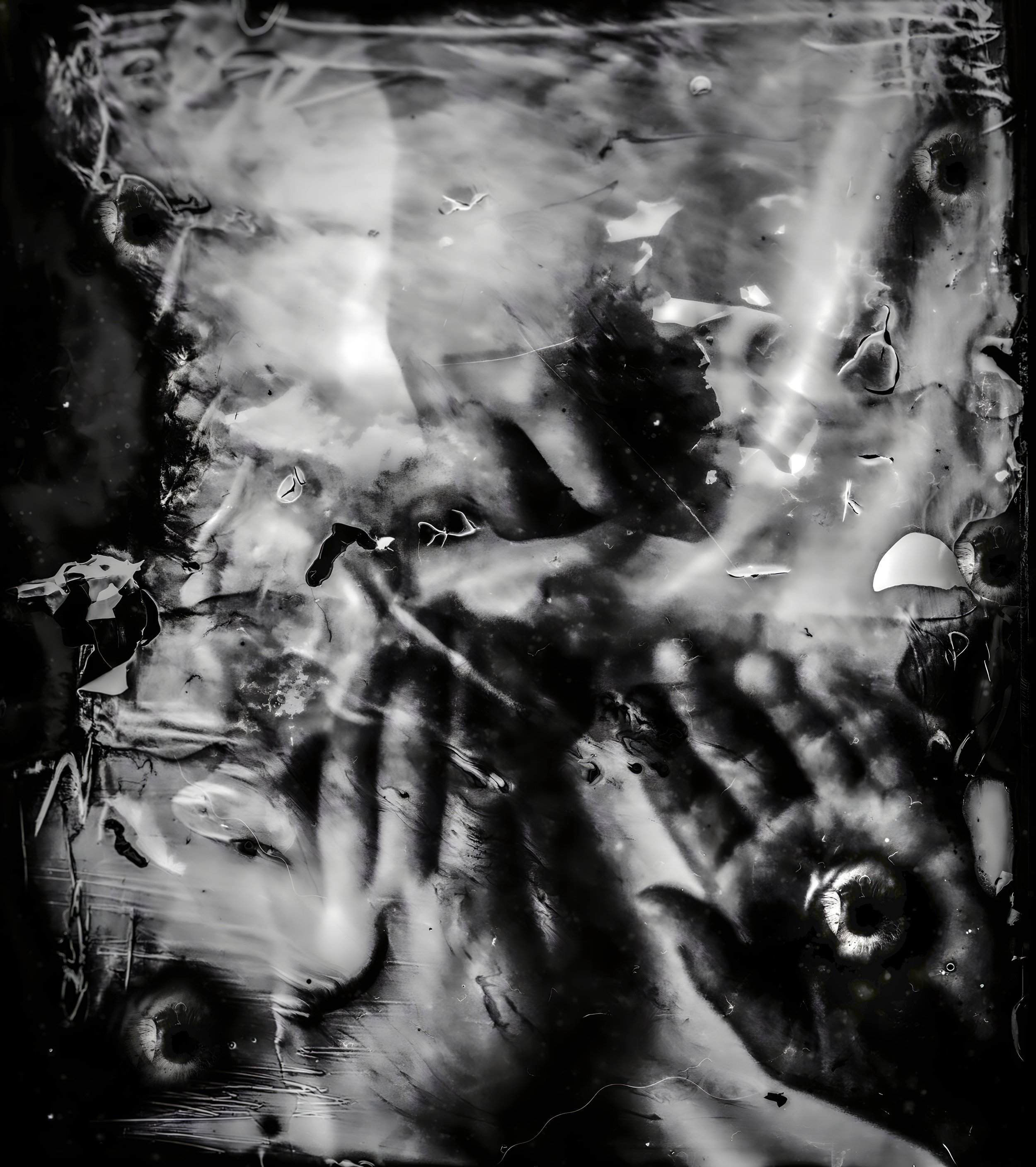 Abstract black and white image with distorted textures, shapes, and eyes