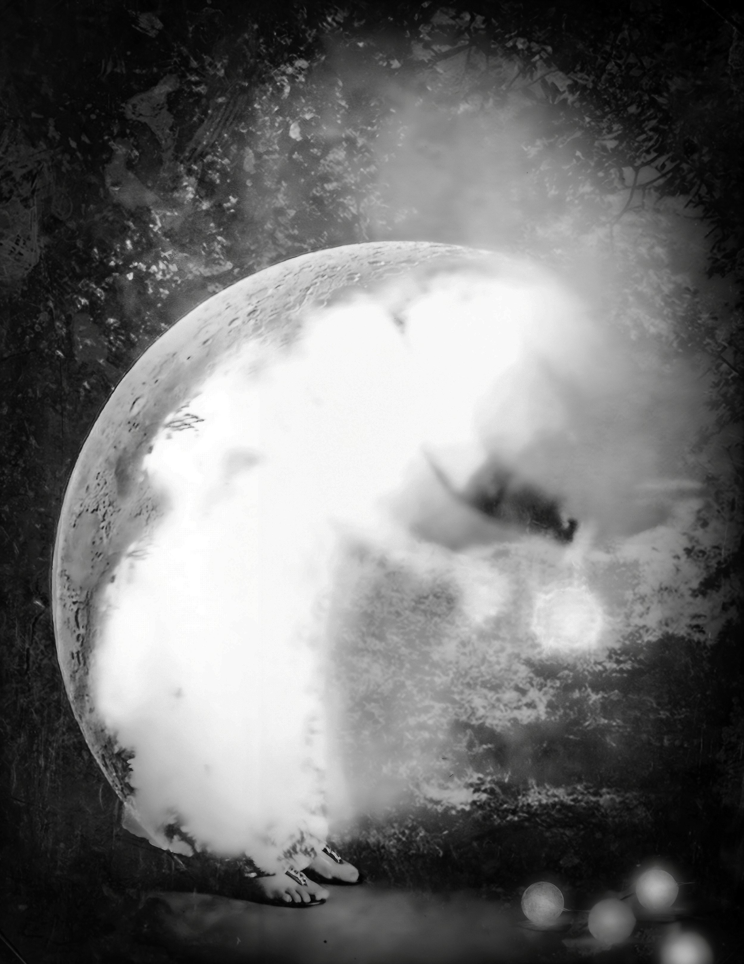 Surreal black and white image featuring a large moon, misty clouds, and blurred human feet.