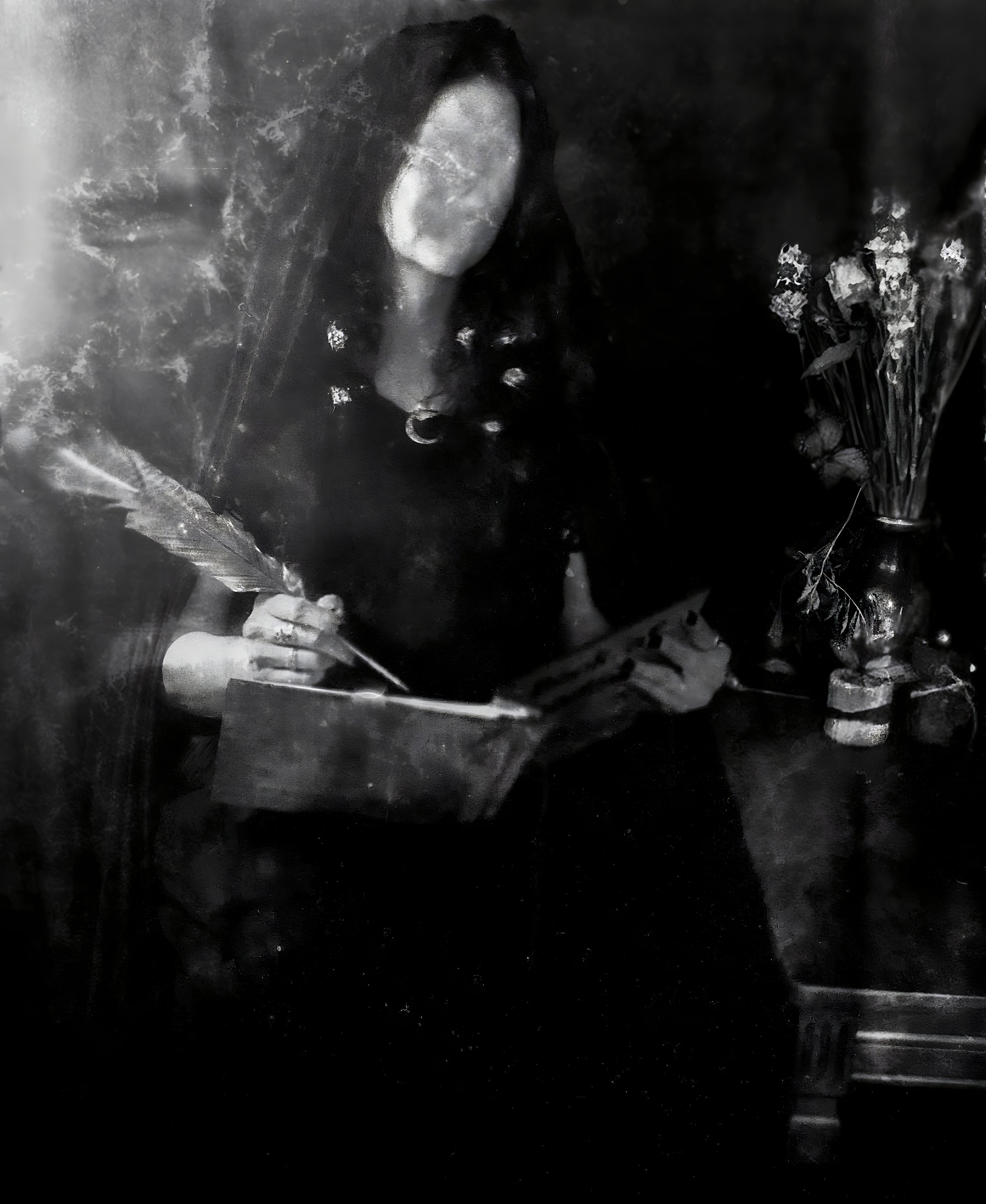 Faceless person in dark clothing with a quill pen and open book, surrounded by flowers and candles, in a dark, moody setting.