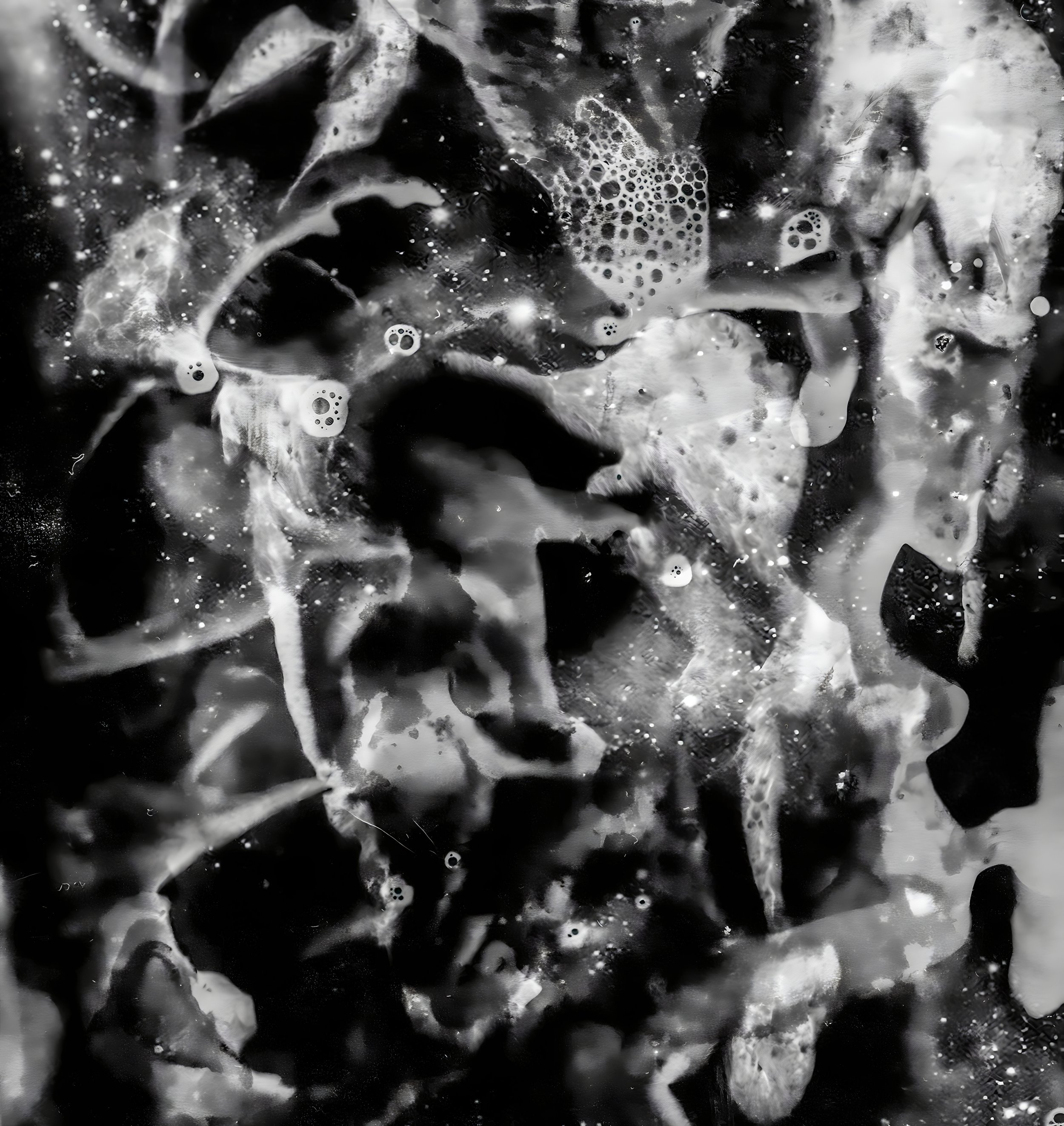 Abstract black and white texture with organic patterns and bubbles