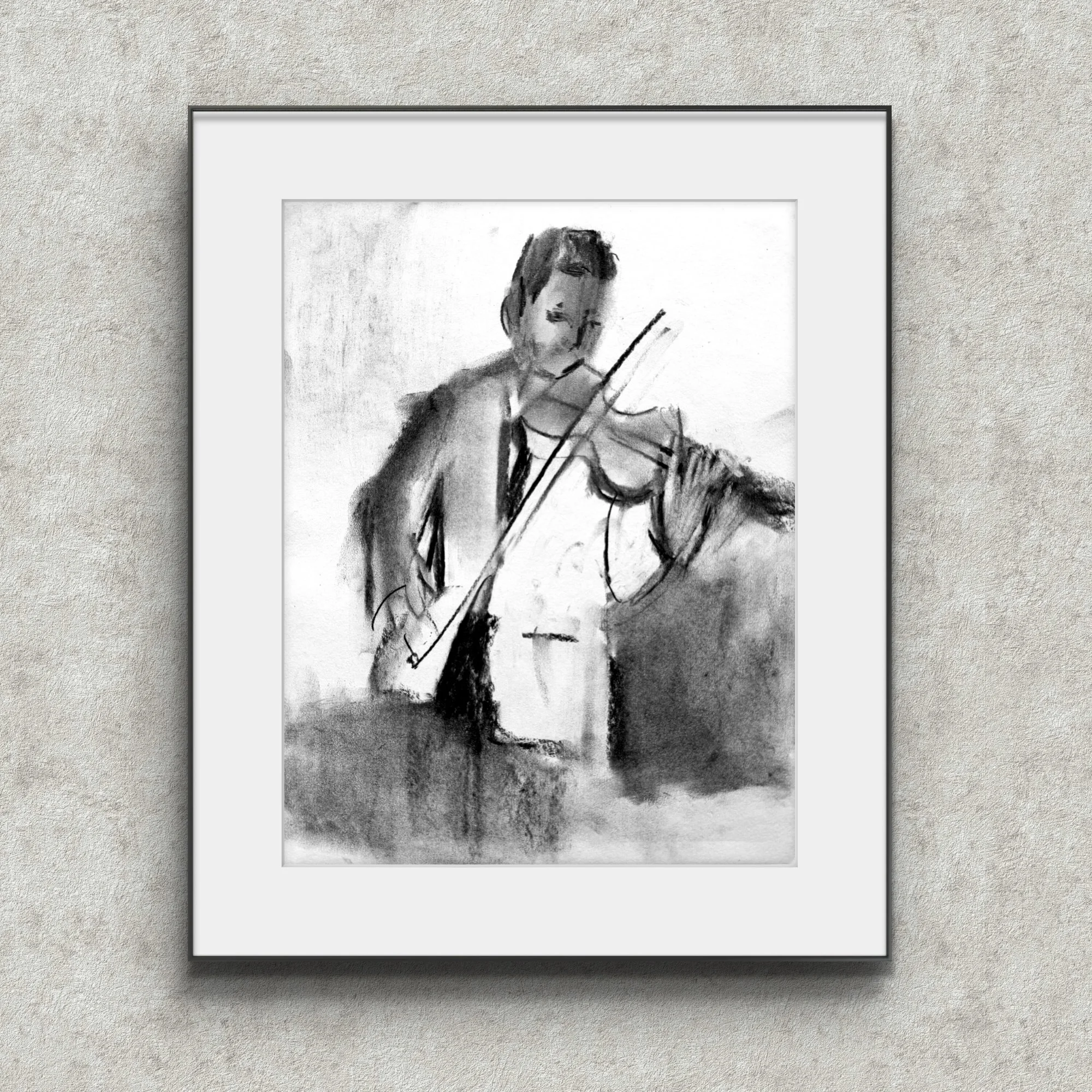 Musician with violin charcoal drawing
