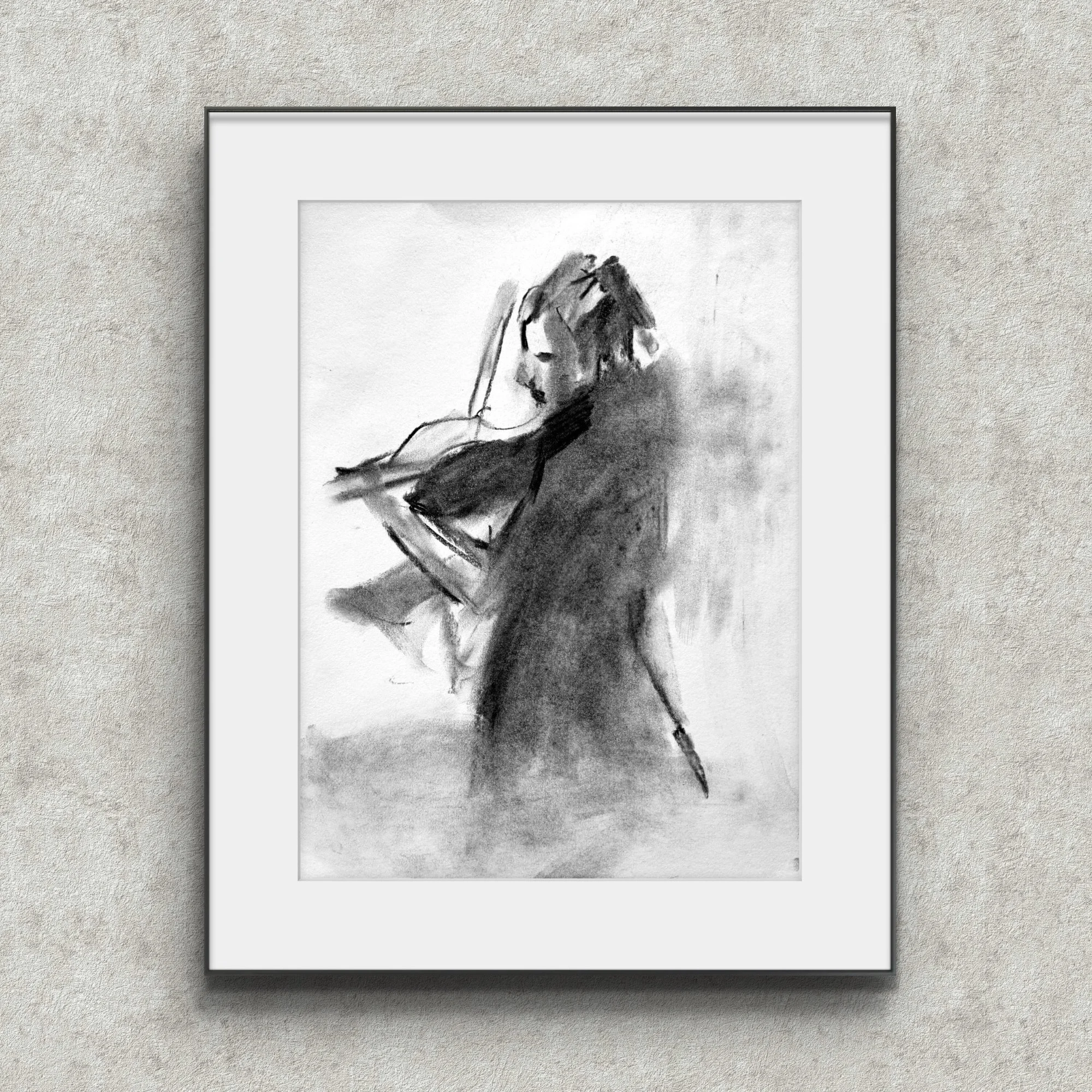 expressive musician with violin charcoal drawing on paper