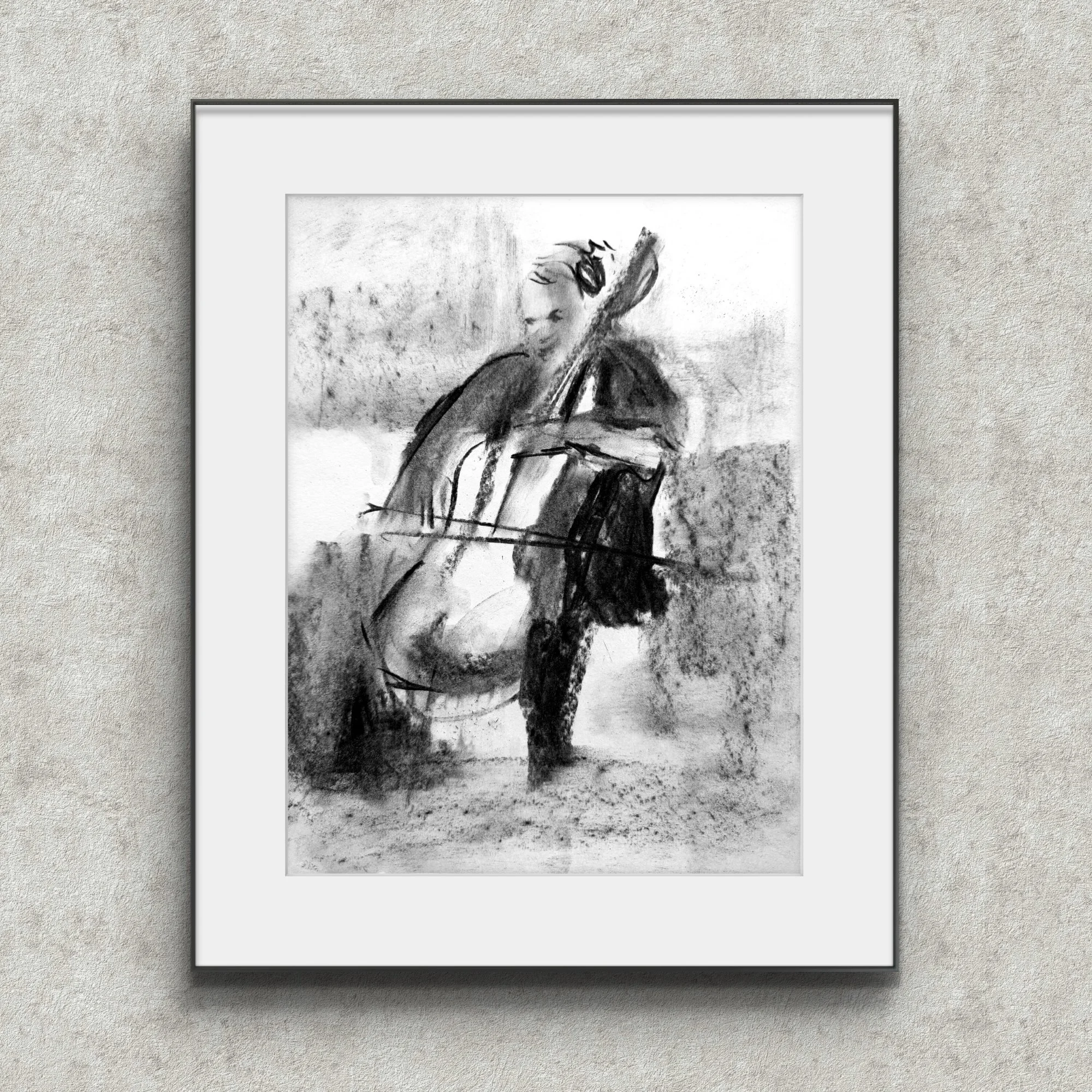 musician with cello charcoal drawing on paper