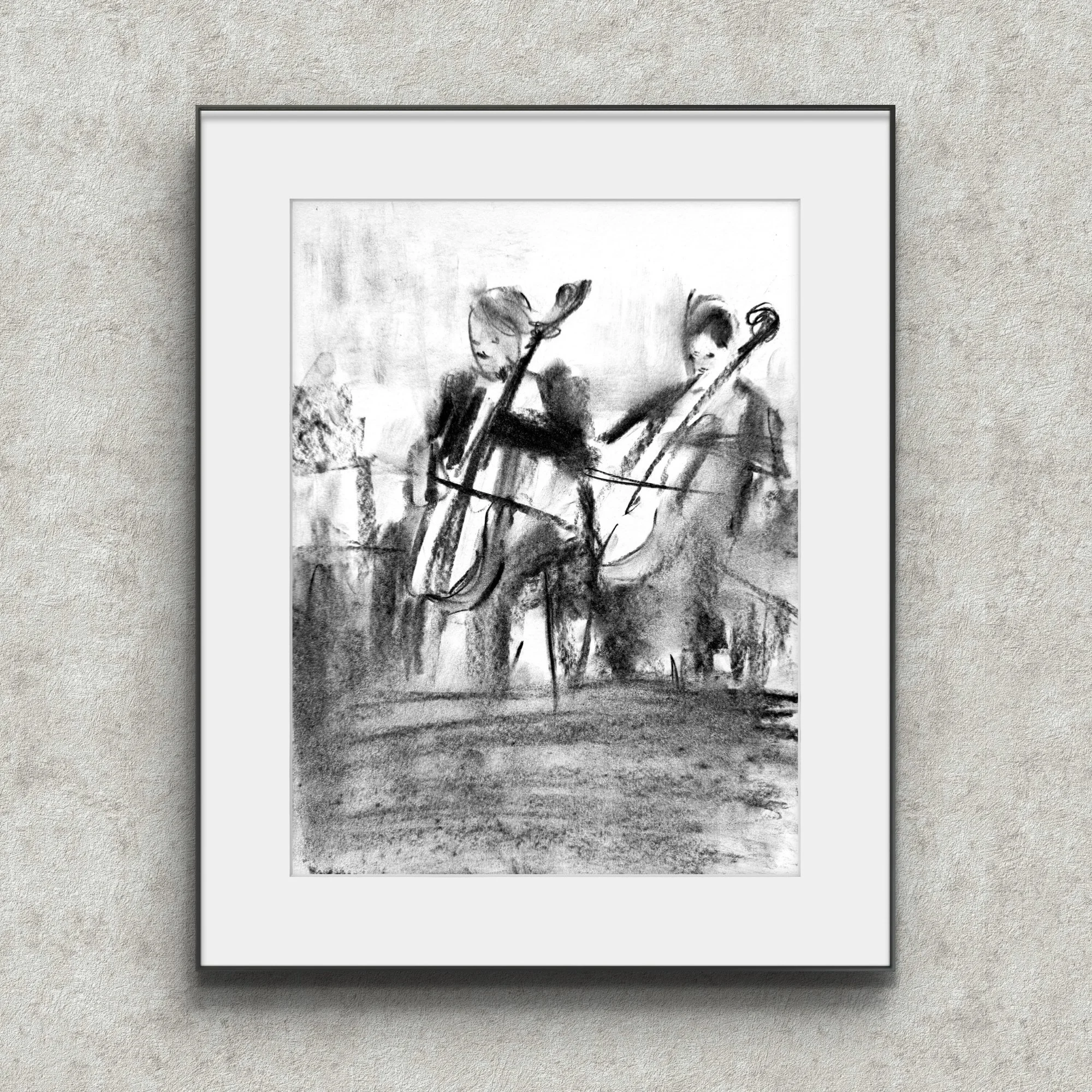 Orchestra with cello musicians charcoal drawing