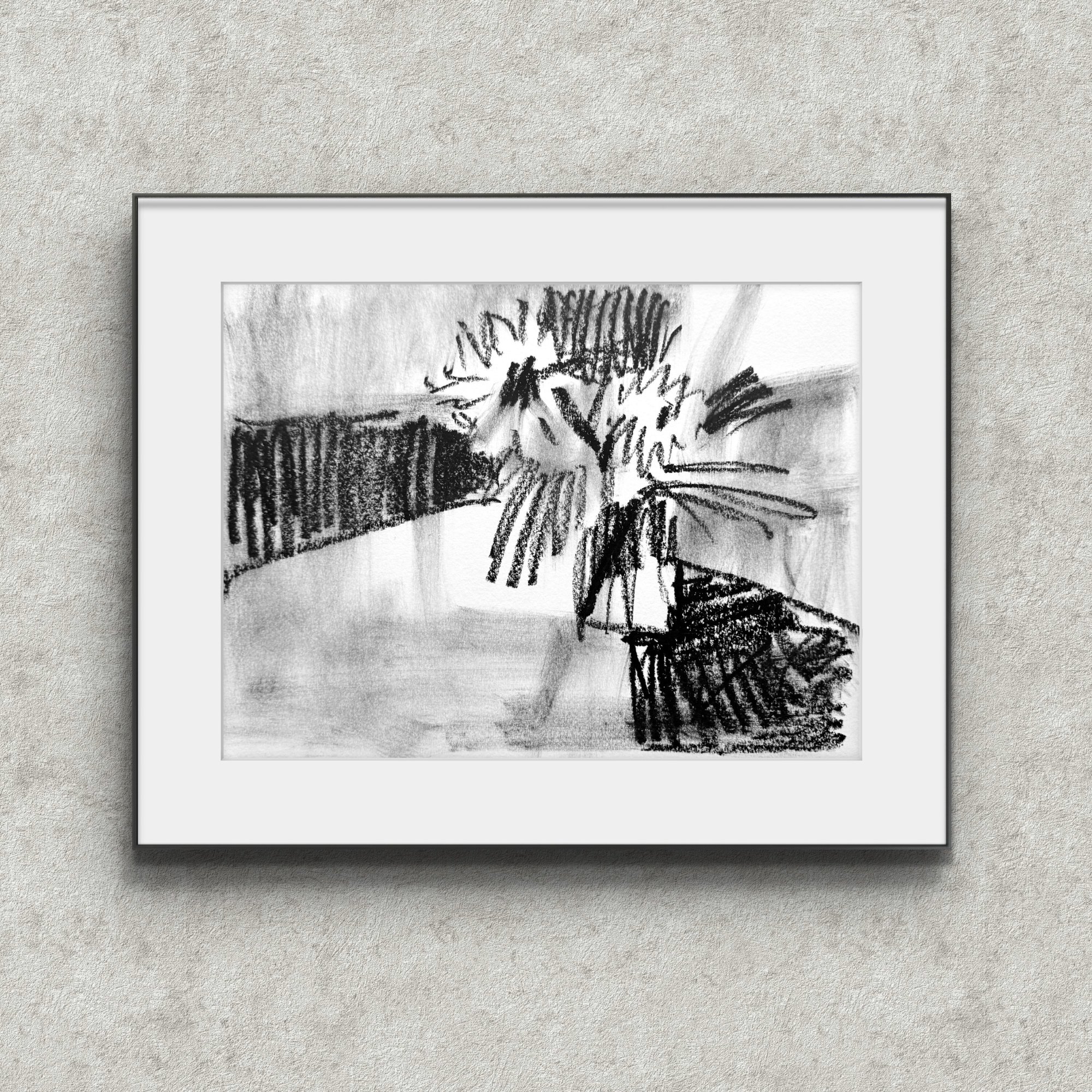 abstract flowers drawing with black oil stick on paper