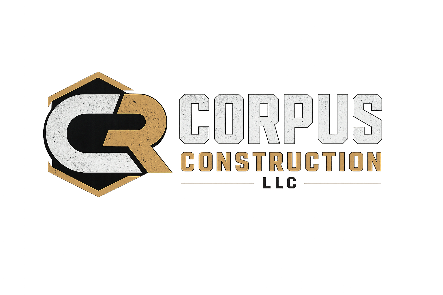 Logo for CR Corpus Construction LLC featuring bold, stylized text and a large C with a cutting tool symbol.