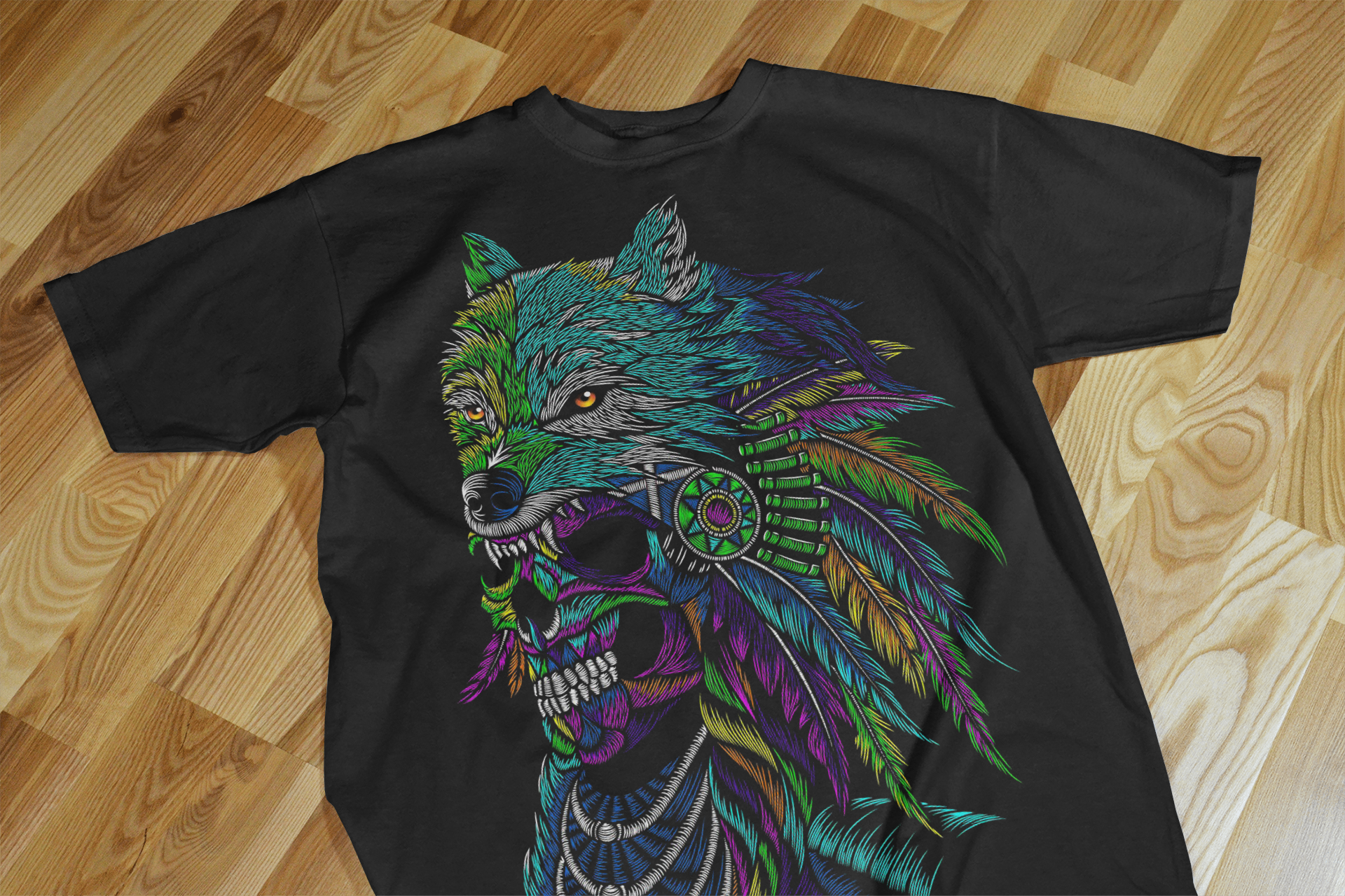 Colorful Aztec Wolf & Skull T-Shirt