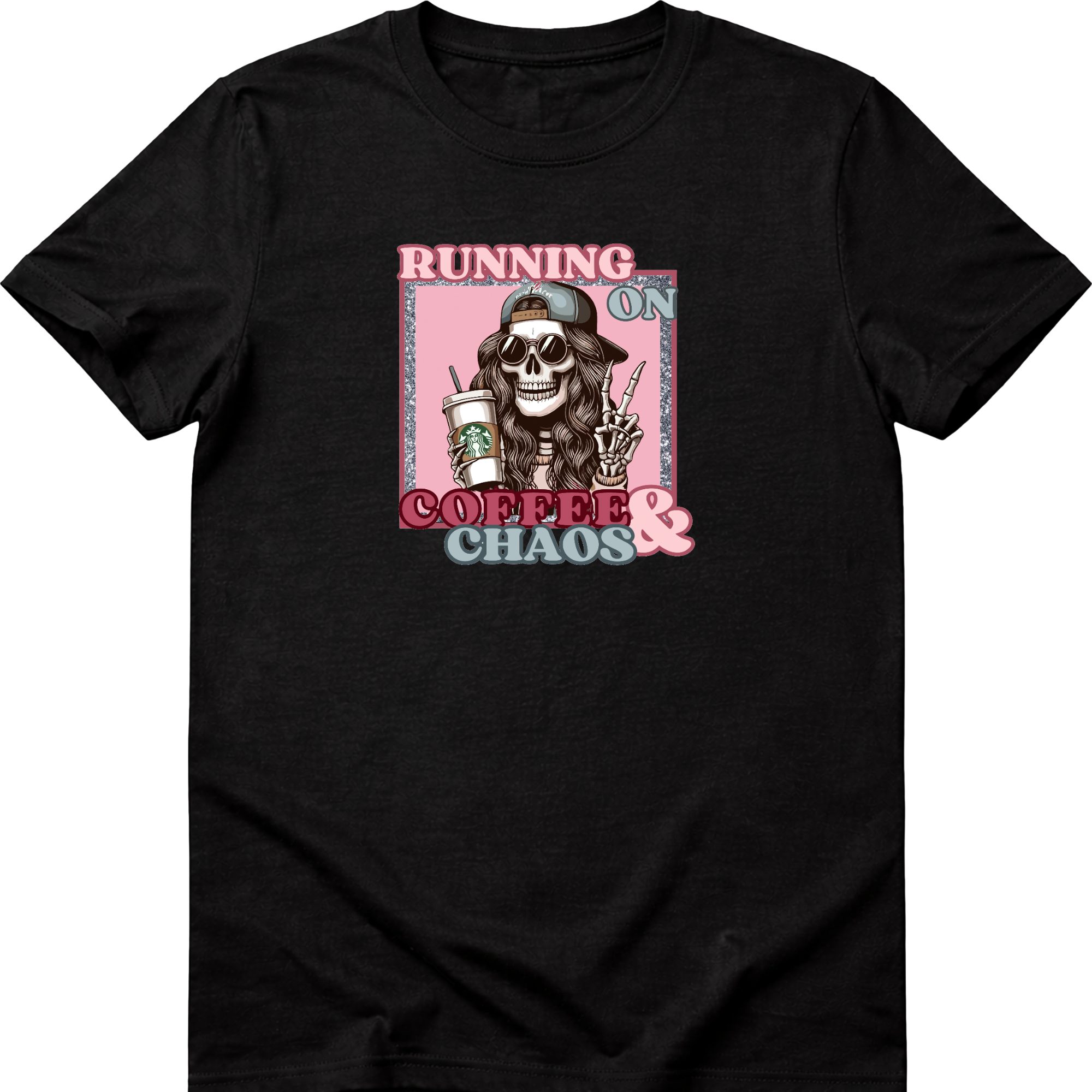 "Running on Coffee & Chaos" Funny Mom T-Shirt