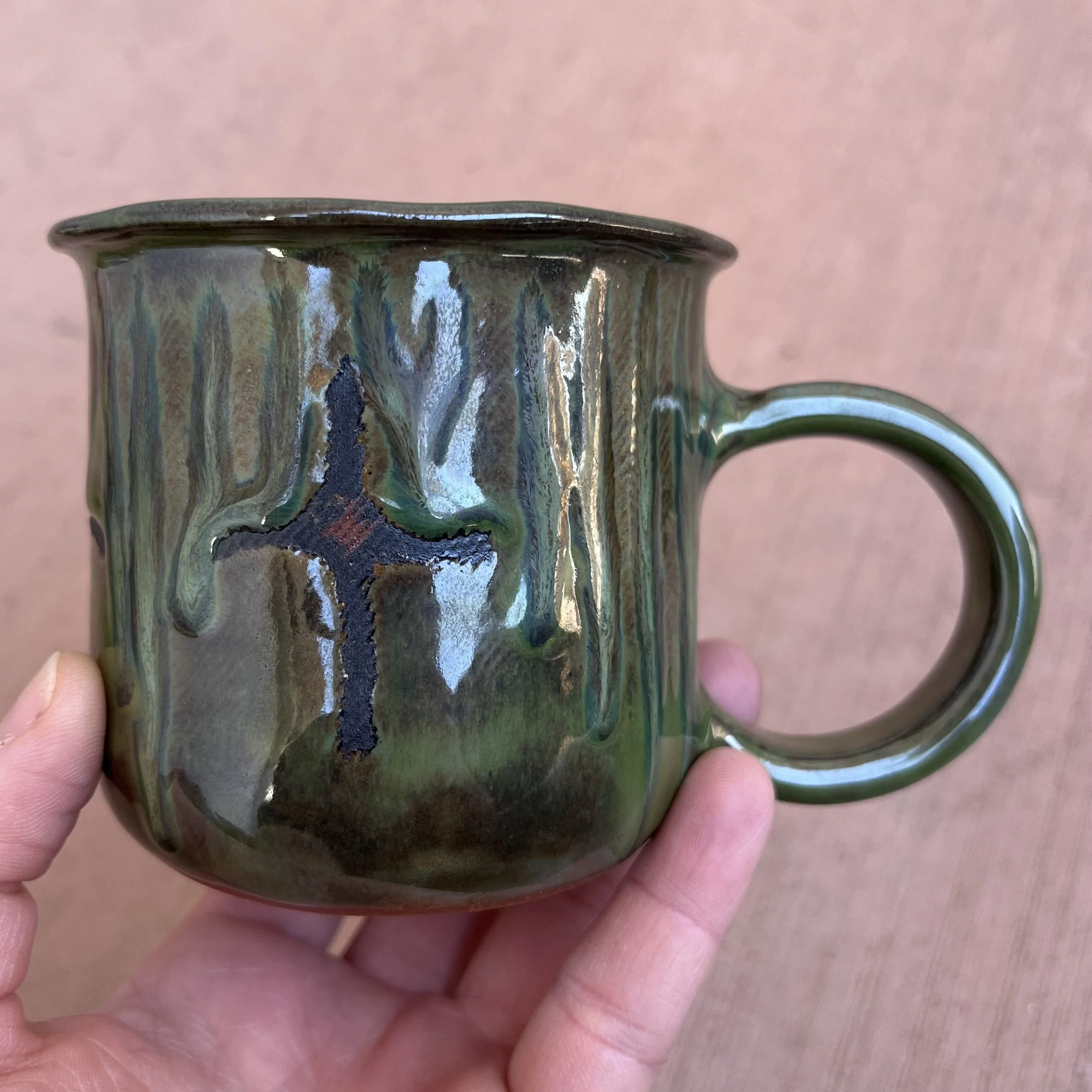 4 Point Star Drawn Dark Green Drizzle Glaze Celestial Handbuilt Mug