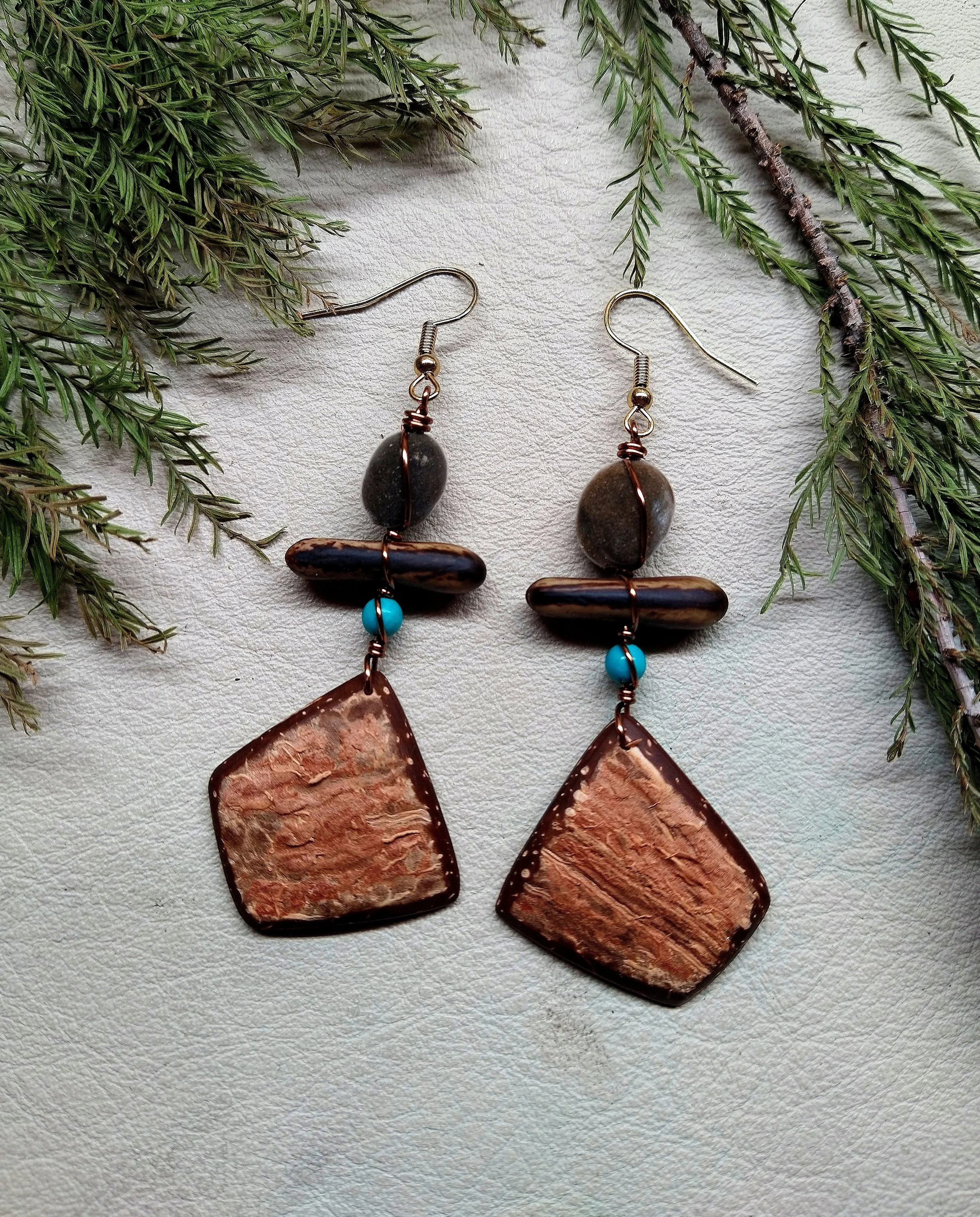 Coconut Earrings with Turquoise and Seeds