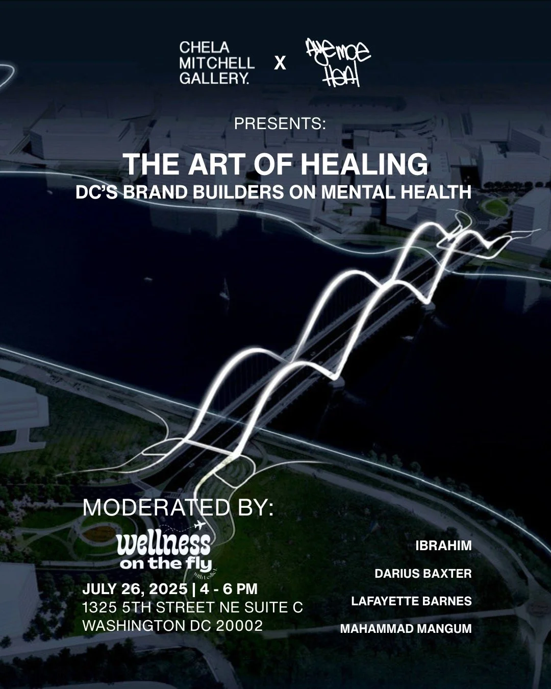 Event poster for 'The Art of Healing,' featuring imagery of a modern cityscape with illuminated lines resembling a graph or pathway, and text details about the event including date, location, and moderators.