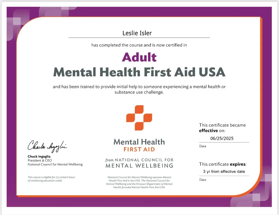 Certificate of completion for Leslie Isler in Adult Mental Health First Aid USA, issued by the National Council for Mental Wellbeing, dated 06/25/2025, with expiration date three years later.