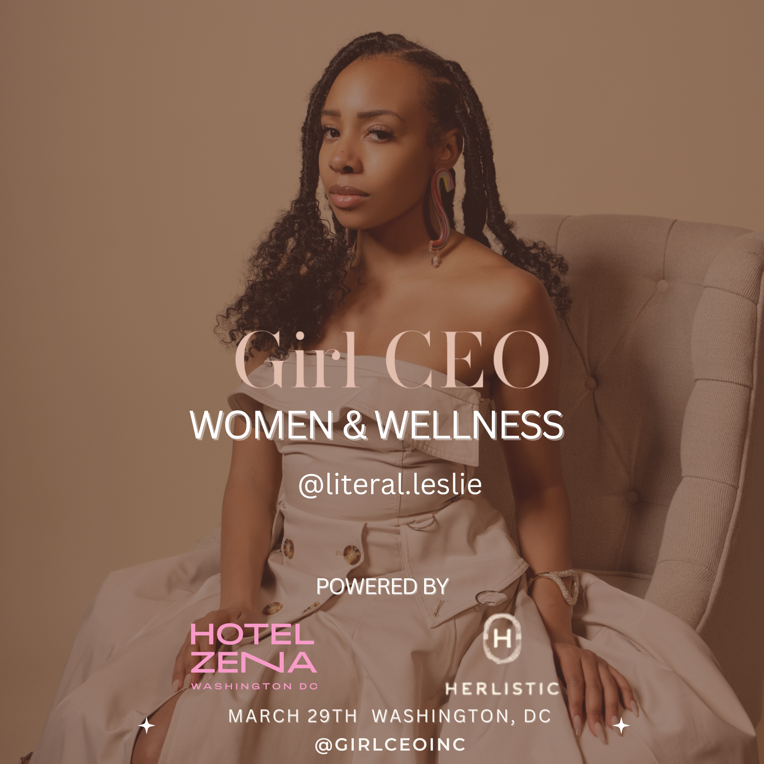 A woman with curly hair wearing earrings and a beige strapless dress, sitting on a beige chair in a neutral-colored room, promoting a women's wellness event.