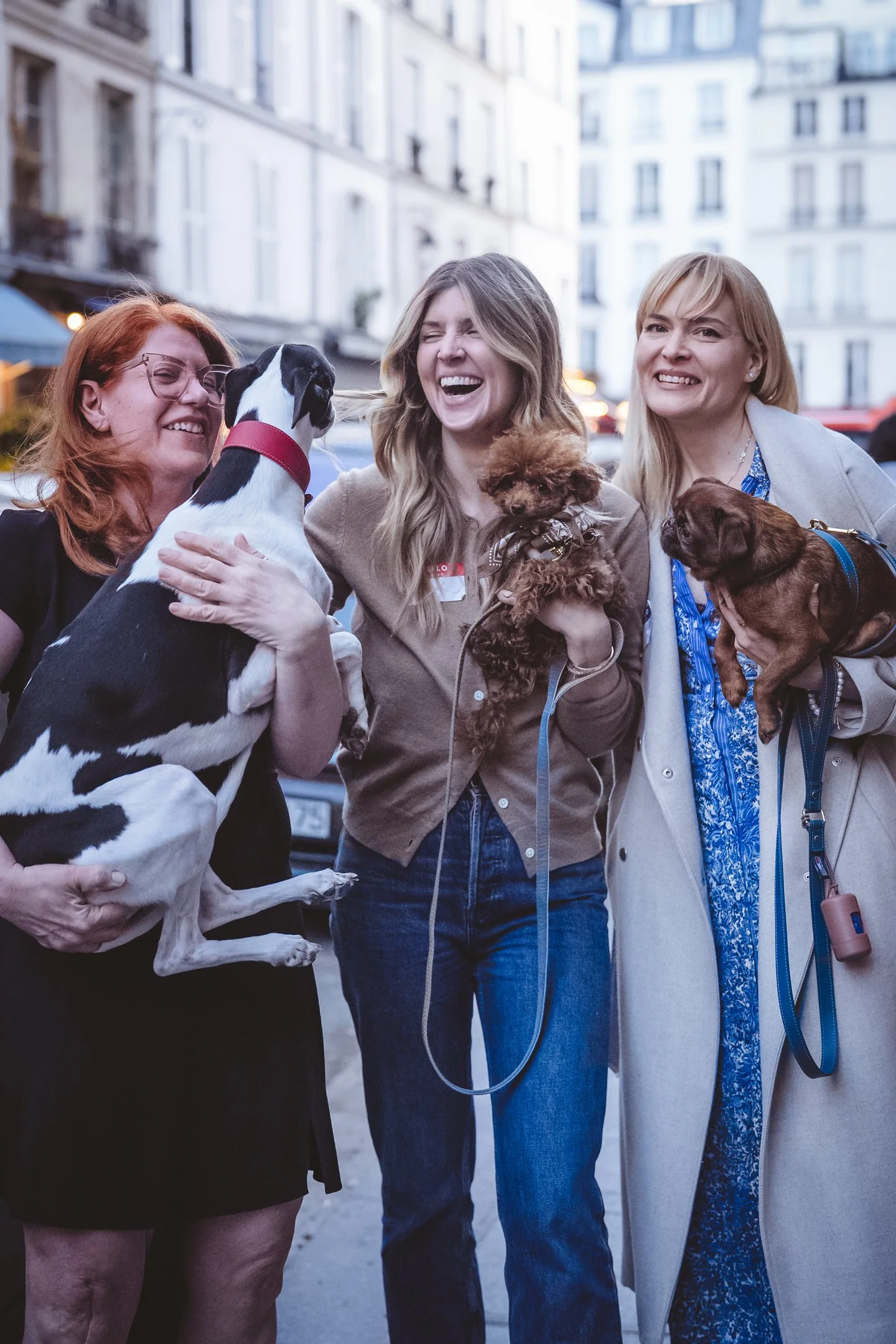 Three women standing on a city street smiling and holding dogs, with tall buildings in the background.
