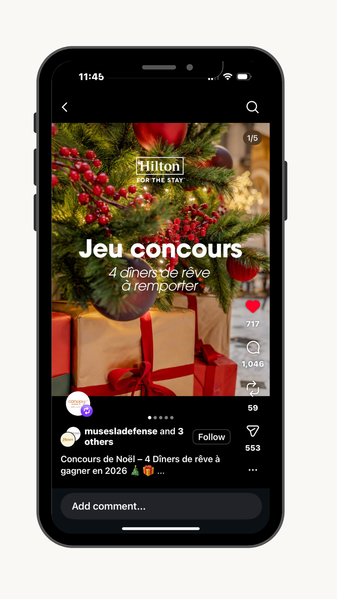 Screenshot of a mobile phone showing a Christmas-themed contest on a social media platform, featuring a decorated Christmas tree with gifts underneath and festive decorations.