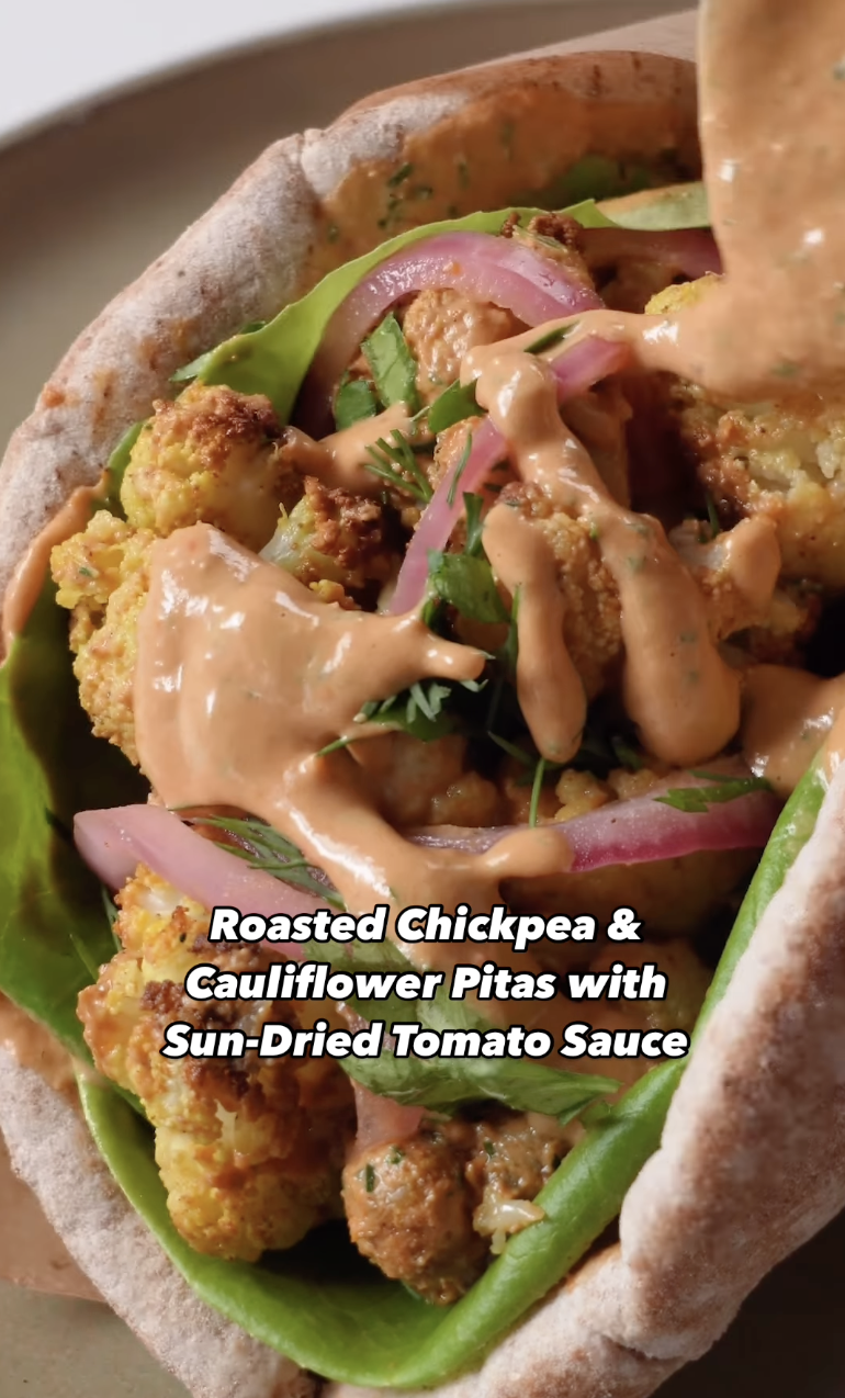 Roasted Chickpea & Cauliflower Pitas with Sun-Dried Tomato Sauce