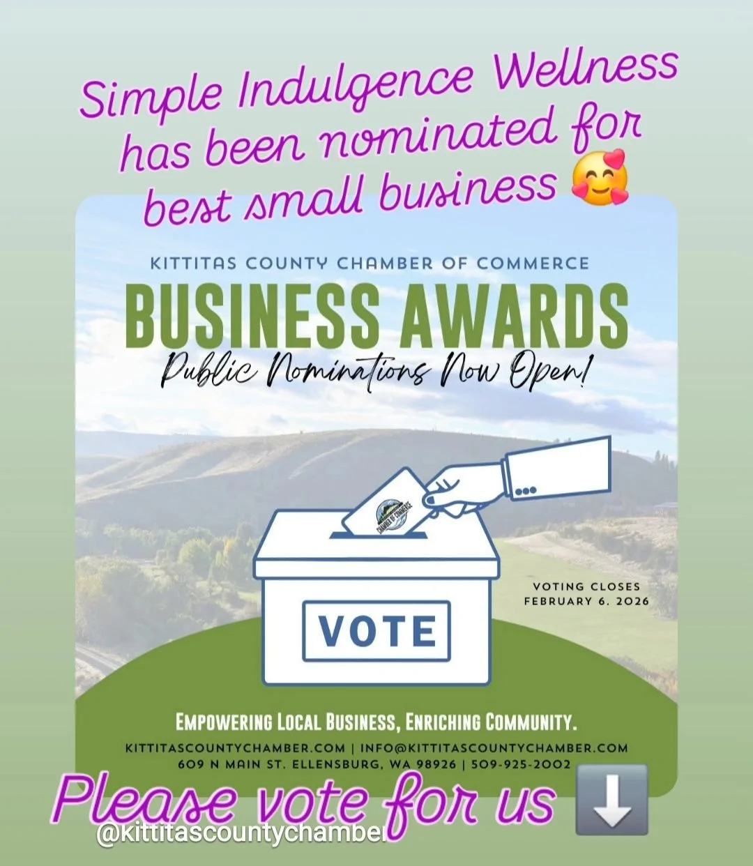 Friends! I need your help 😘 My business has been nominated for Best Small Business by my Chamber of Commerce 🤯

Will you take 2 mins to vote for me?!?
https://docs.google.com/forms/d/e/1FAIpQLSegLAC1wMme4IzyFCISXQyj2U6DzCZI4Yvm7JEdeiC818P9og/viewfo