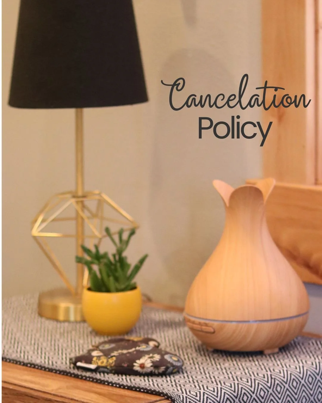 Our cancellation policy helps protect everyone's  time and care.
.
Appointments may be canceled or rescheduled online up to 24 hours in advance without penalty.
.
Cancellations made within 24 hours of the scheduled session are subject to a 50% fee. N