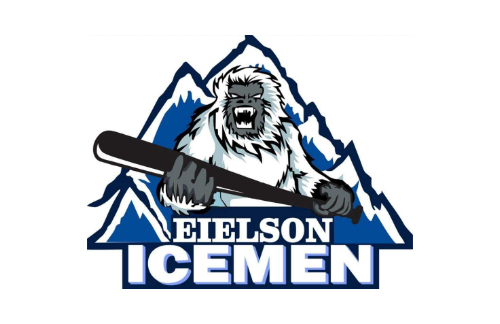 A logo featuring a fierce lion holding a hockey stick, with snowy mountain peaks in the background and the text 'Eielson Icemen' beneath it.