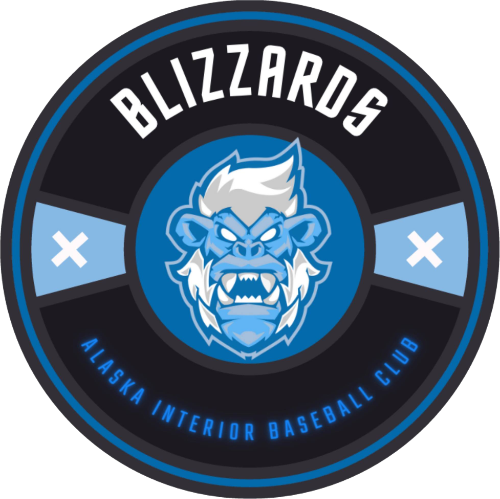 Logo of the Blizzard Alaska Interior Baseball Club featuring an angry blue lion's head and black, light blue, and white design elements.