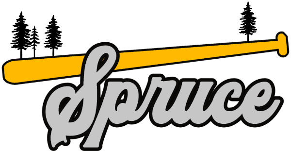 Logo with the word 'Spruce' in gray script, a yellow pencil with a small section resembling a sprig of pine trees, all on a transparent background.