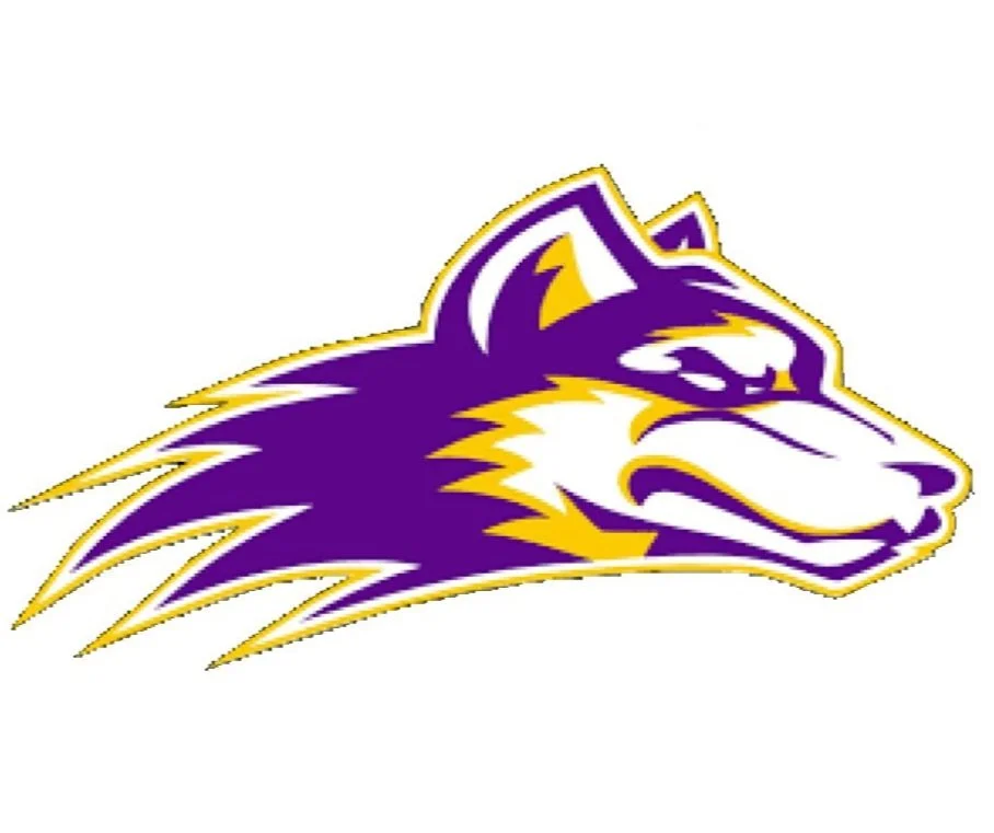 A stylized logo of a purple and gold lion's head with a fierce expression.