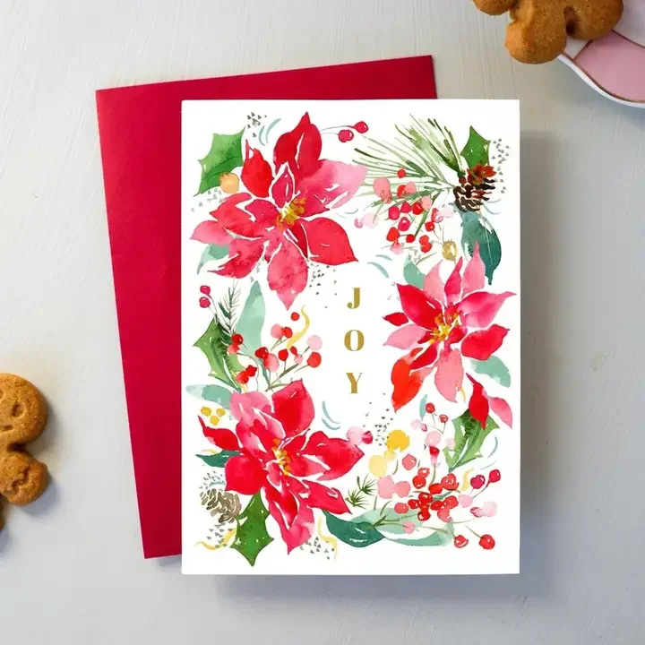 JOY Poinsettia Wreath Christmas Card