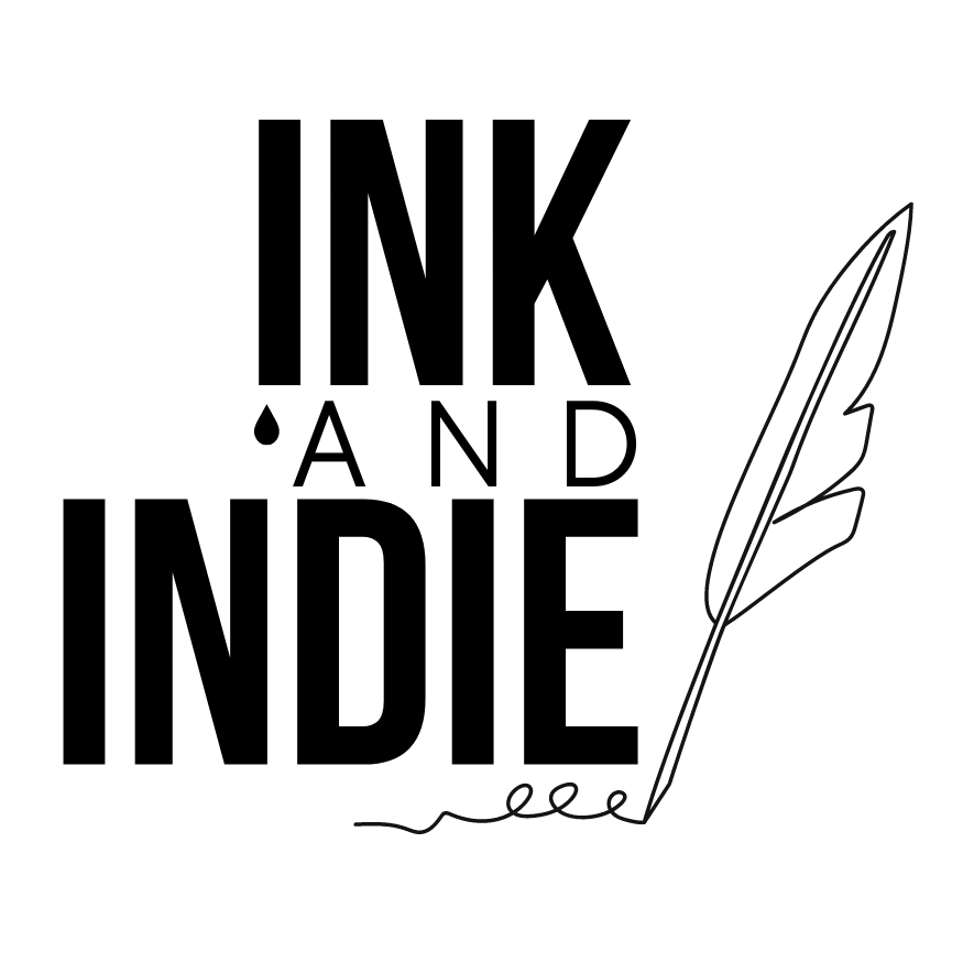 Black and white logo with bold text saying "INK AND INDIE" with a feather quill on the right side.