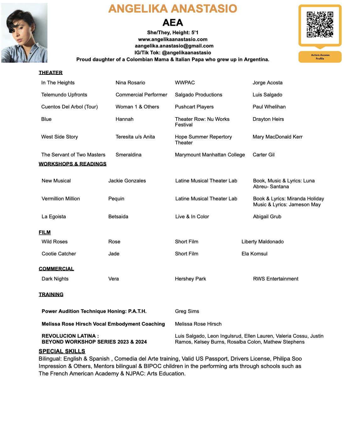 A digital resume for Angelika Anastasio showing her photo, name, pronouns, height, contact info, and list of work, workshops, films, commercials, training, and skills.