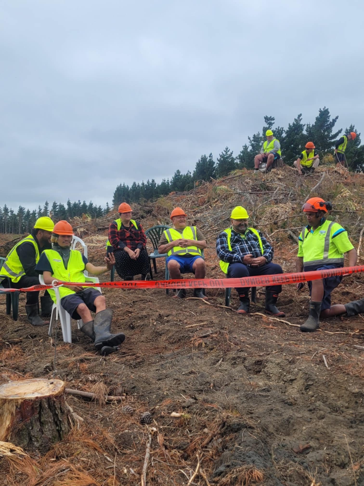 Group of people in safety vests and helmets sitting outdoors near cut trees and a danger tape.