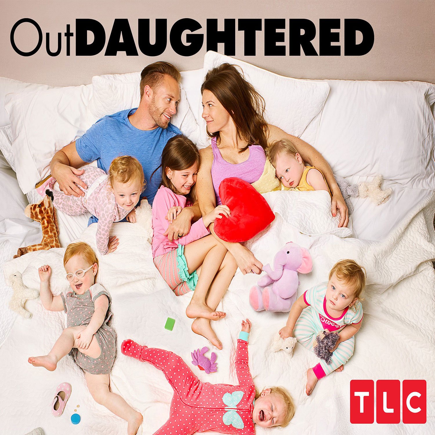 The image promotes the TLC show 'OutDaughtered'. OutDaughtered is an American reality series on TLC starring Adam and Danielle Busby, parents of the only American all-girl quintuplets on record.