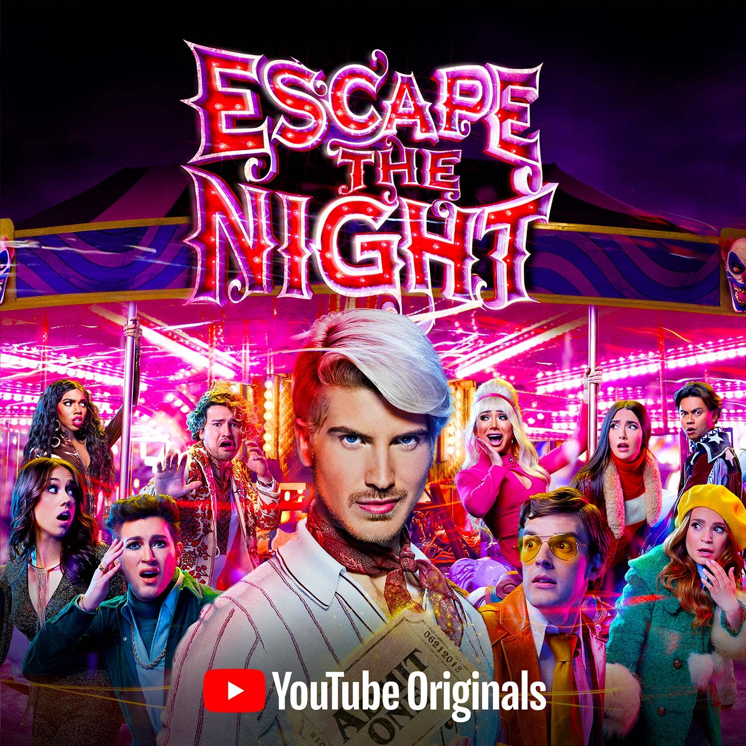 Promotional poster for 'Escape the Night' on YouTube Originals, featuring a brightly lit carnival ride with a group of diverse people with surprised and scared expressions, and Joey Graceffa in the center holding a ticket.