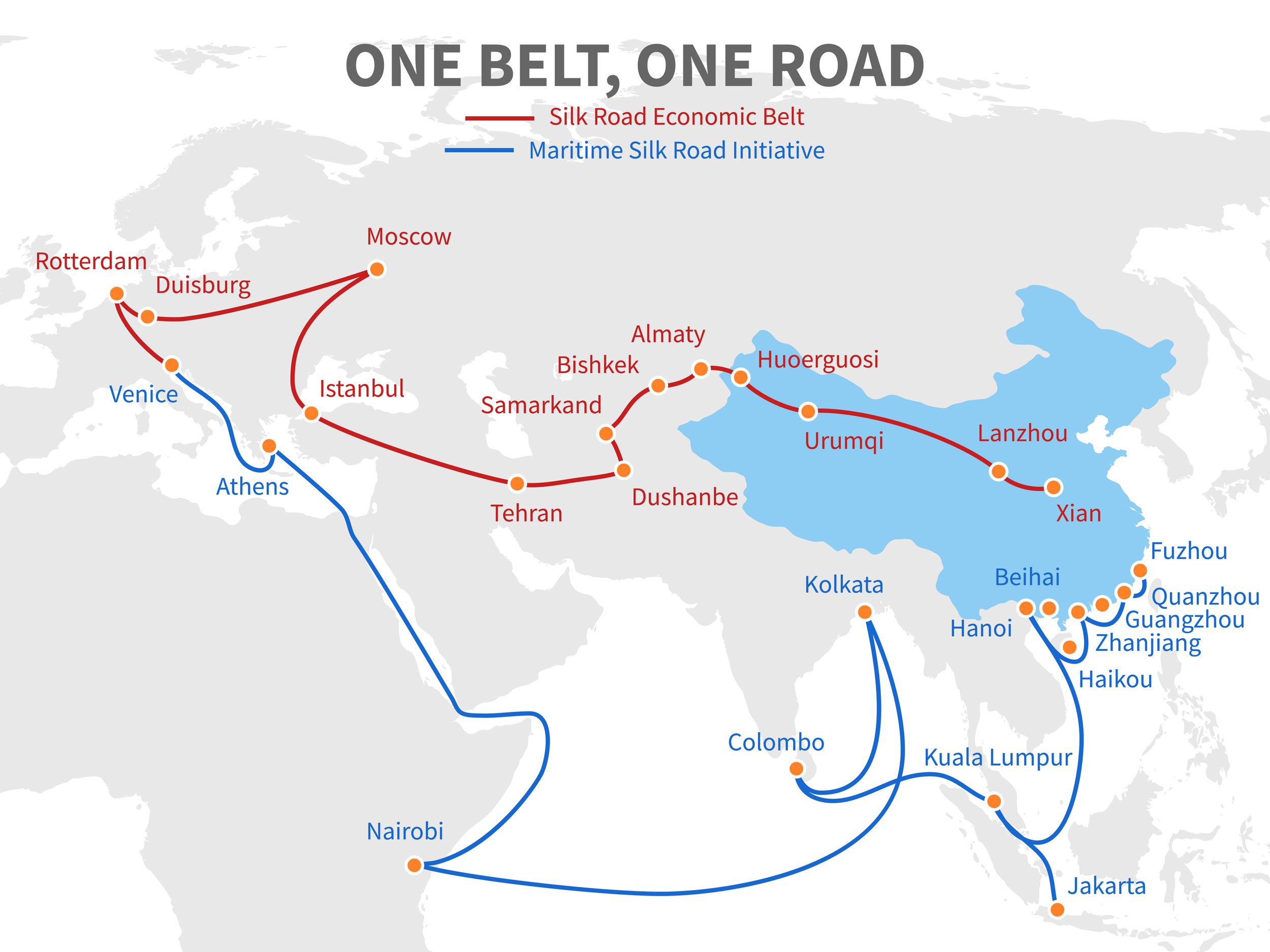 World map of China’s Belt and Road Initiative showing red overland routes from China through Central Asia to Europe and blue sea routes from Chinese ports through Southeast Asia, the Indian Ocean, East Africa, and the Mediterranean.