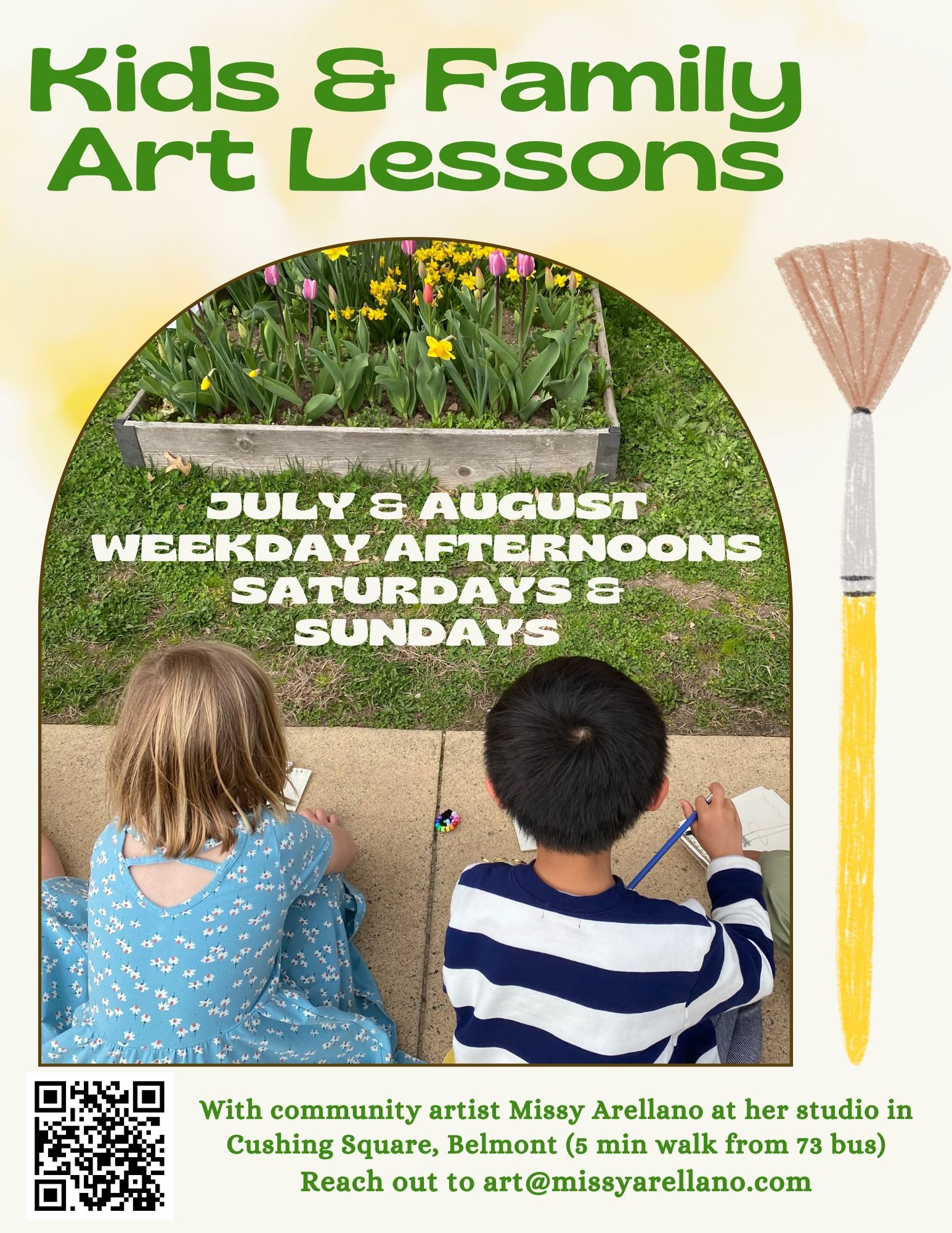 A flyer advertising Kids & Family Art Lessons with a photo of two children sitting on the sidewalk, drawing or writing. The flyer includes information about lessons in July and August, held on weekday afternoons, Saturdays, and Sundays, with details about the location in Cushing Square, Belmont, and contact information for Missy Arellano.