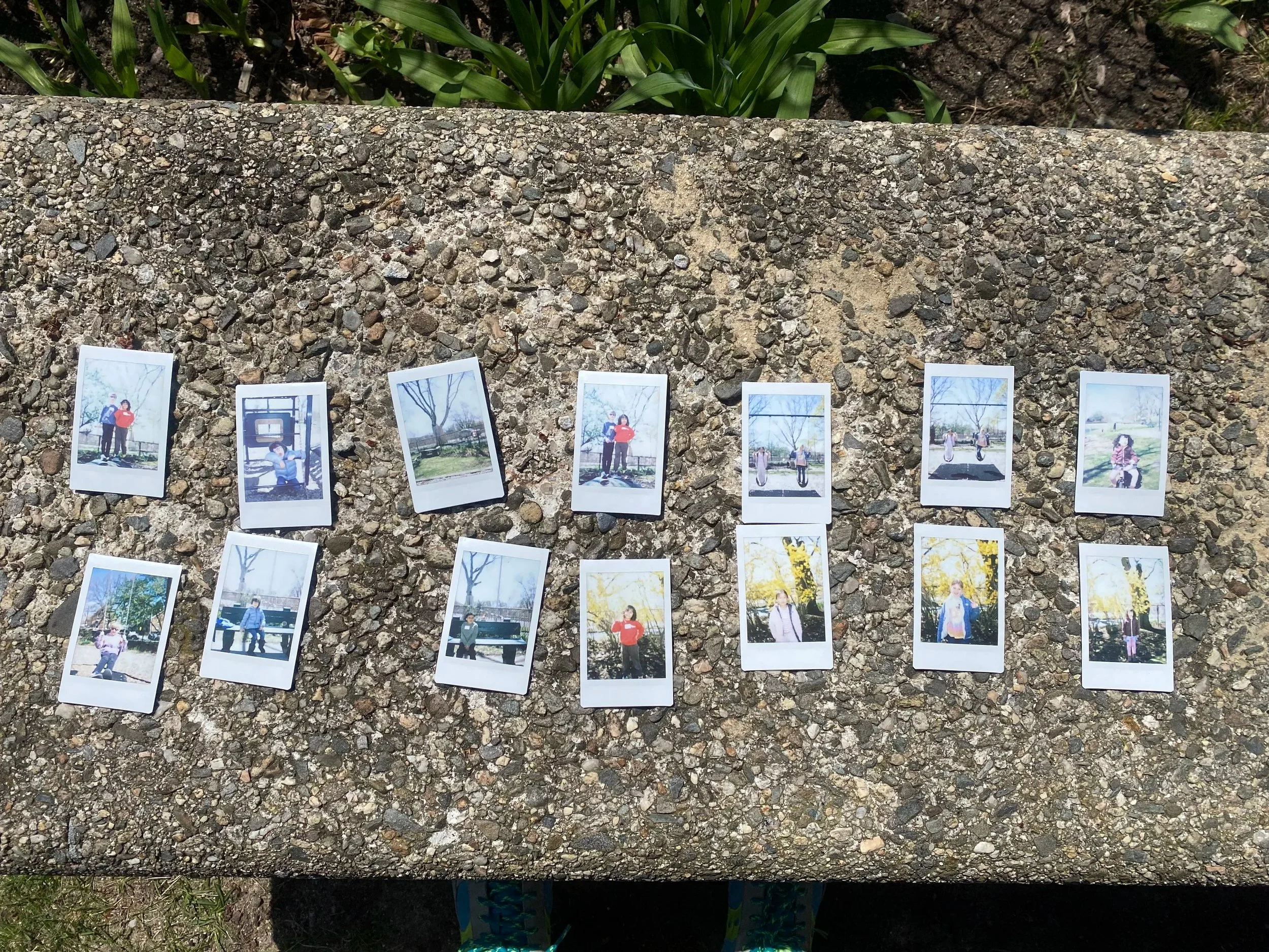 Photographs of children and adults displayed on a concrete wall or ledge outdoors, with green grass and plants in the background.