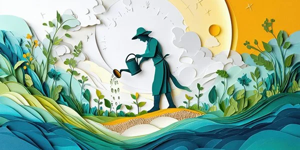 Papercut image of gardener tending to garden