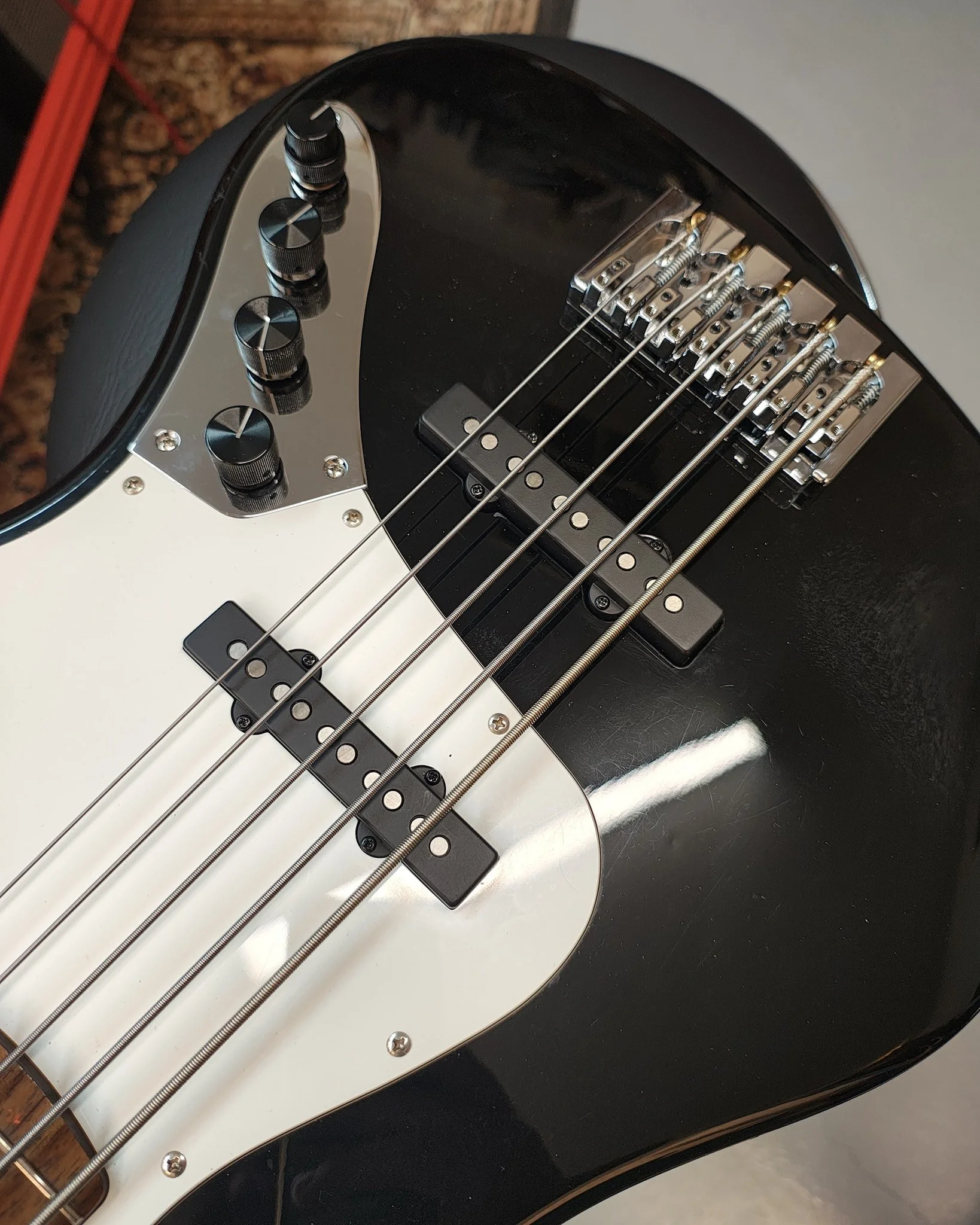 Nordstrand pickups and Sadowsky preamp install on a 5 string jazz bass..4 knobs, needed to side mount the output socket and route a 9v battery access on the back #axewoodguitarworks #perthmusicians #guitarservices