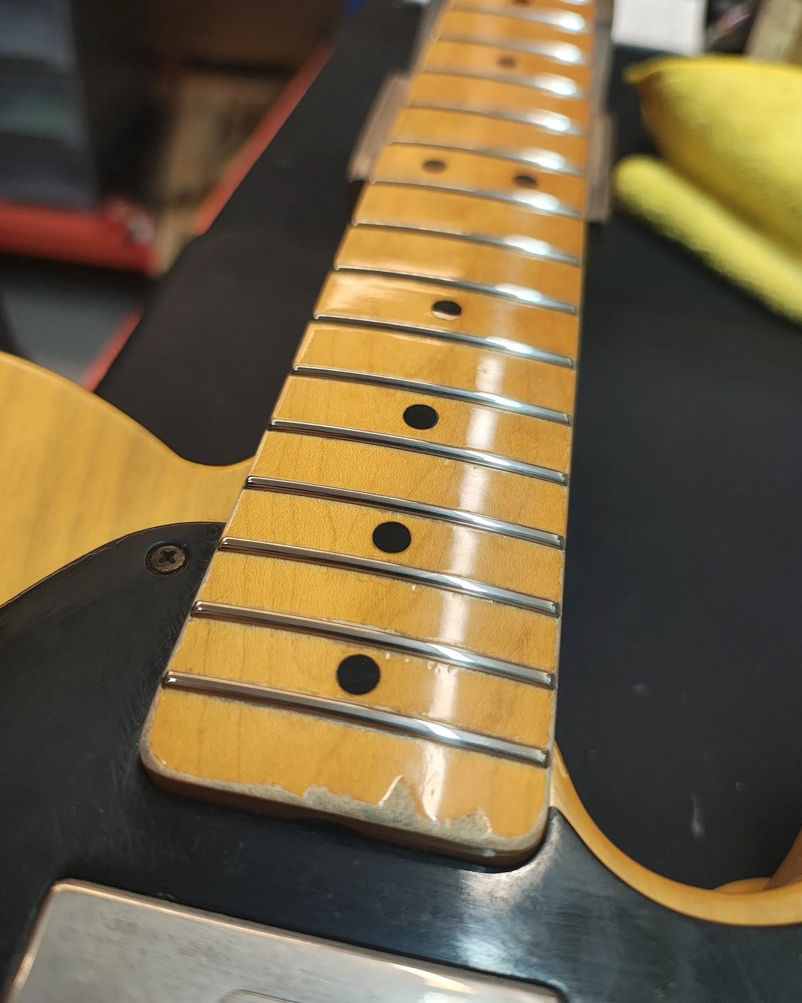 Just finishing up a refret on this hot rod 52 tele reissue..kept the original finish on the board #axewoodguitarworks #guitarservices #guitarrepairs #perthmusicians