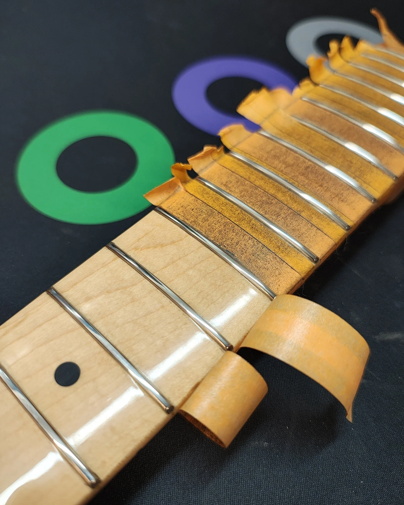 A bunch on services today and some fret work on this mij strat #fretlevel #guitarrepair #guitatservice #axewoodguitarworks