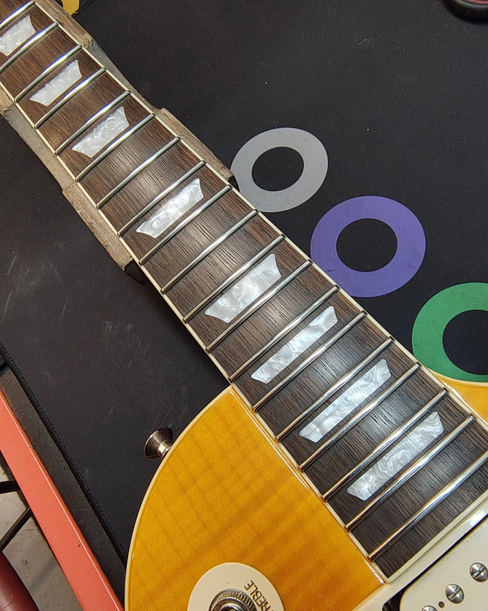 Finished up this refret on this Epiphone Slash model. Dunlop 6105 frets..bone nut, setup, ready to go again #axewoodguitarworks #guitarrepair #guitarservices