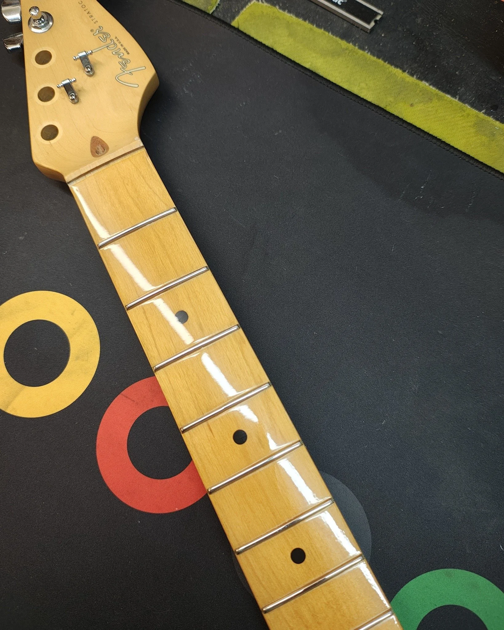 95 fender strat in for a refret and fingerboard refinished..some before and after shots #axewoodguitarworks #refret #guitarservices